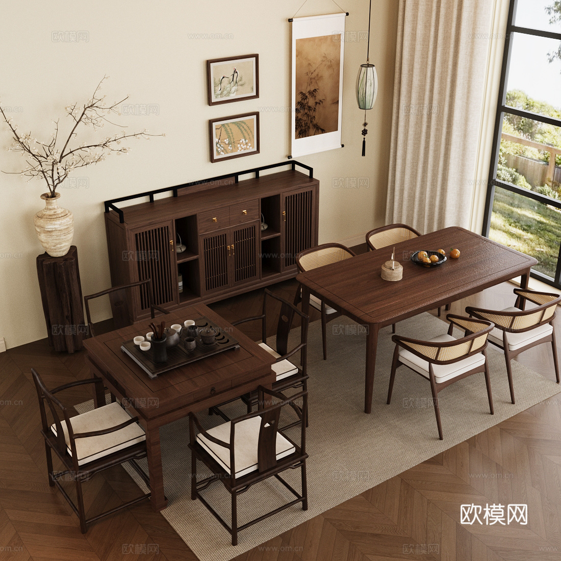 新中式餐桌椅组合 斗柜 花艺摆件3d模型
