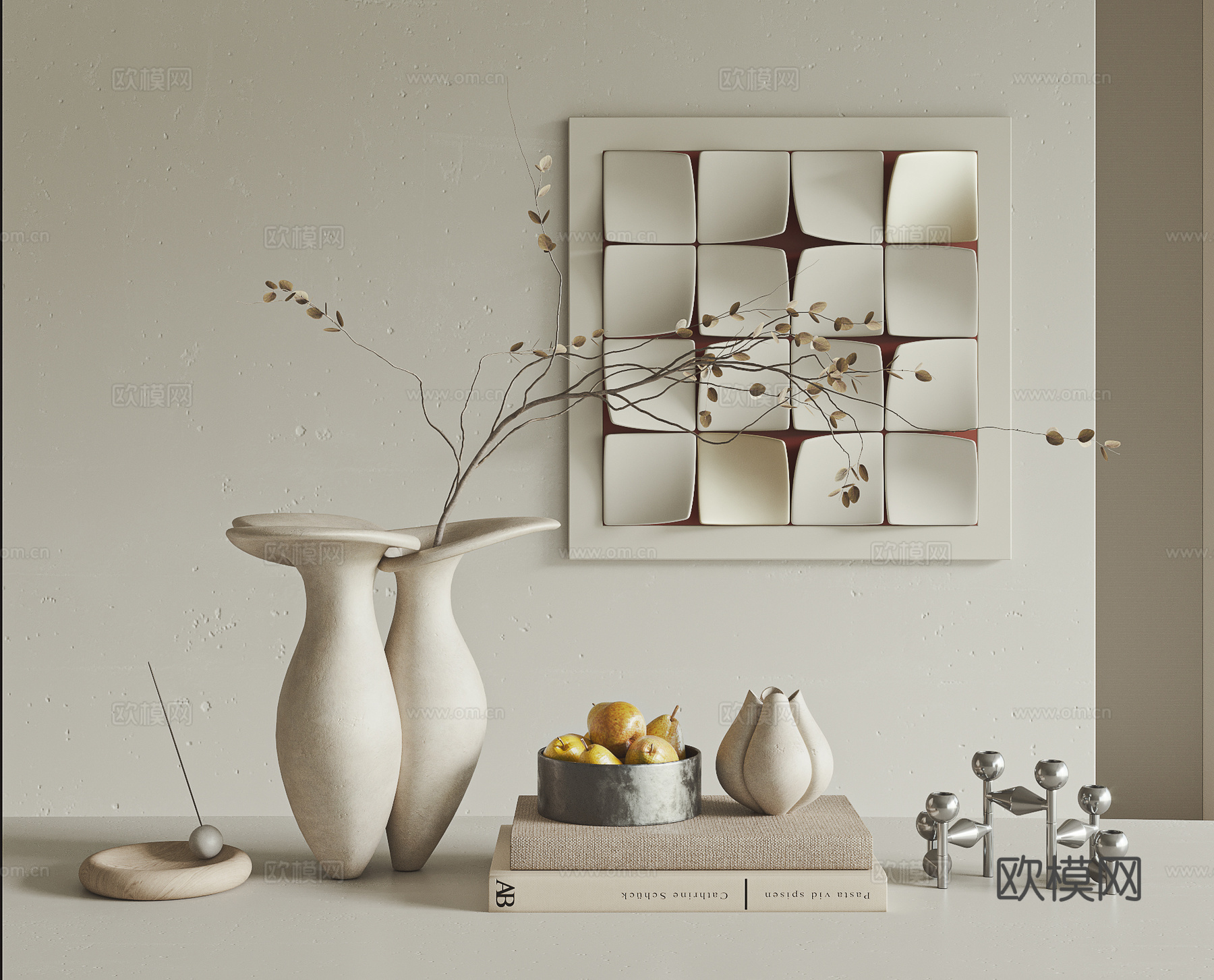 侘寂风摆件组合 花瓶 挂画 果盘 书籍 蜡烛 立体画 陈设品3d模型