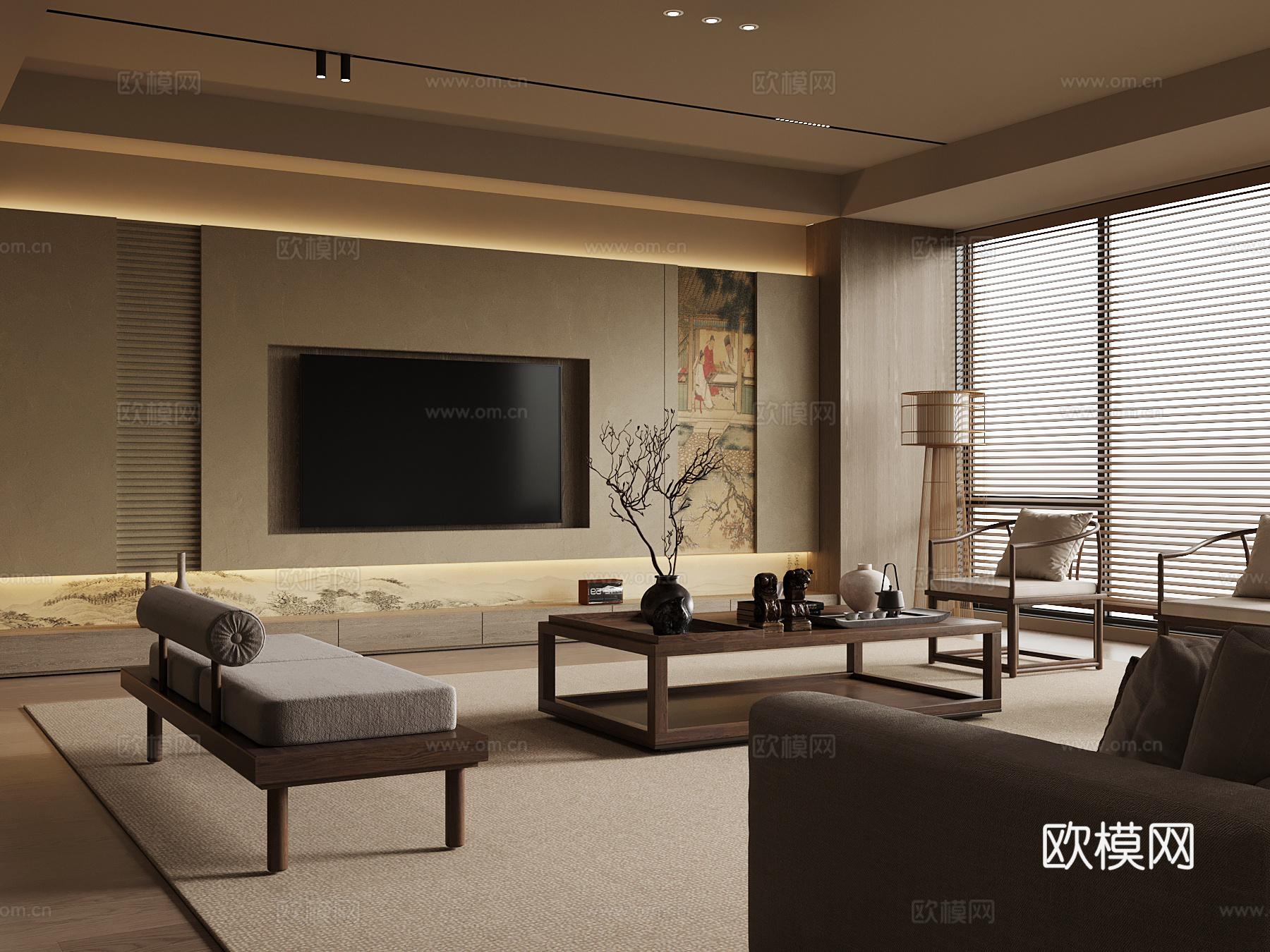 01客厅 中古风客厅 沙发茶几组合 休闲椅3d模型