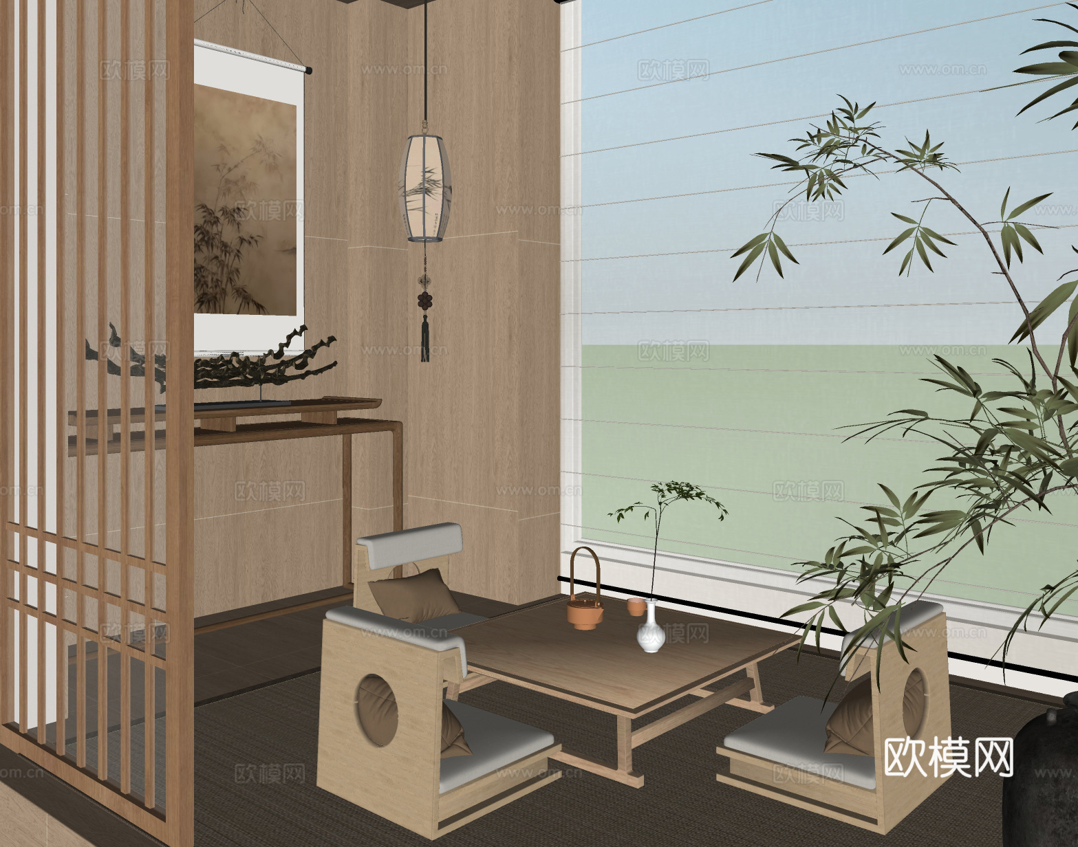 新中式茶室 榻榻米茶室 茶桌椅组合 条案端景台su模型