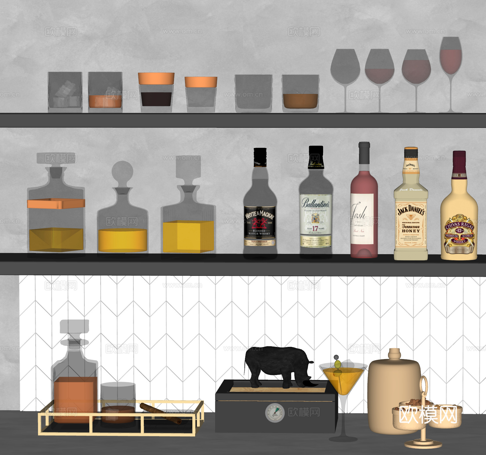 现代酒瓶酒杯组合 酒具 酒 酒水 酒瓶 洋酒 酒杯 红酒su模型
