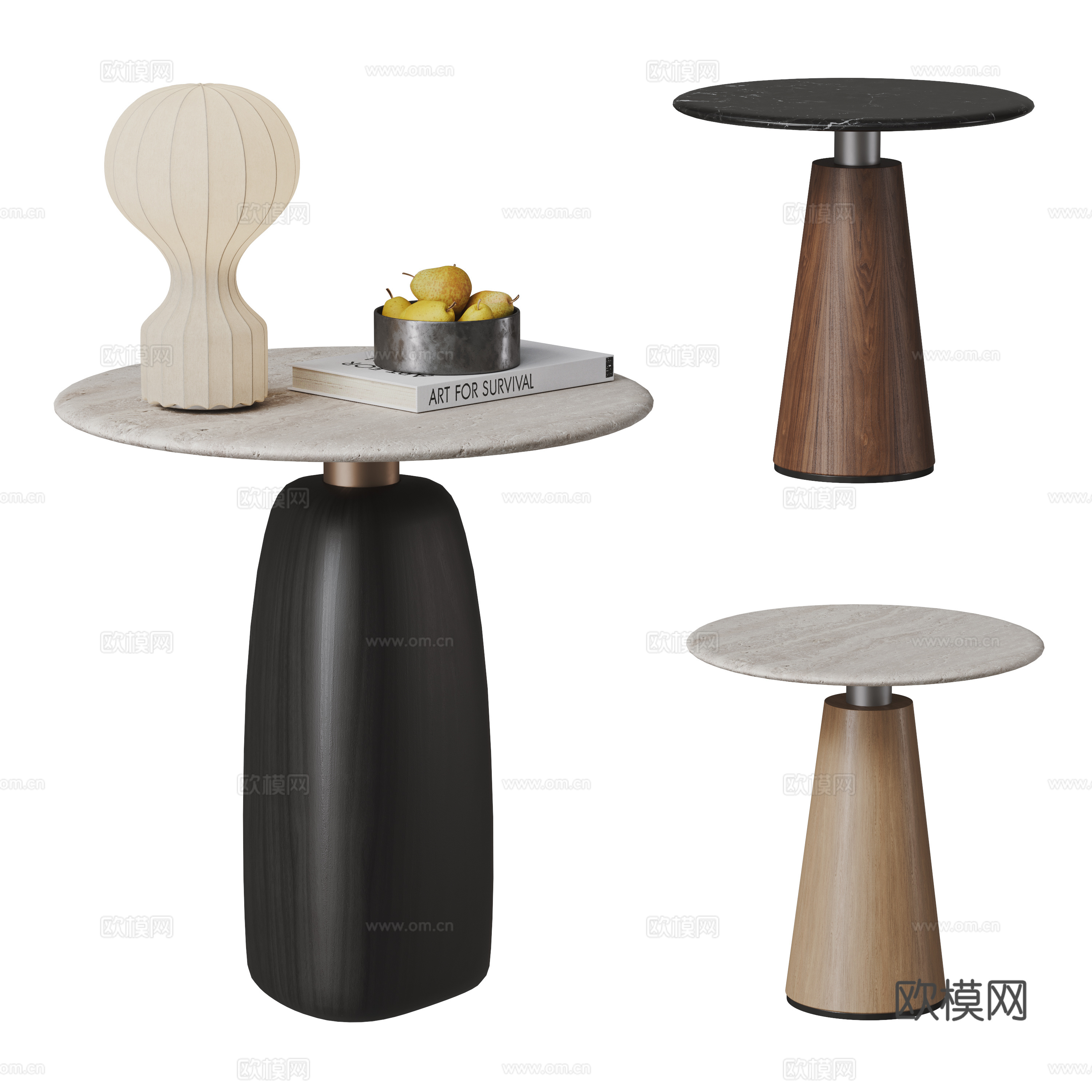 现代中古风意式 边几组合  圆形边几 小圆桌 实木边几 石材3d模型