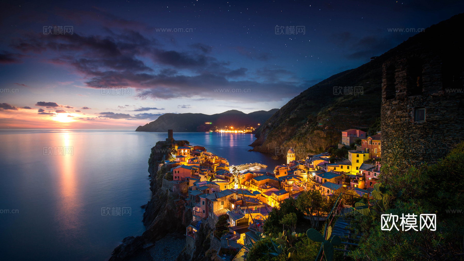 夜晚灯光岩石房屋