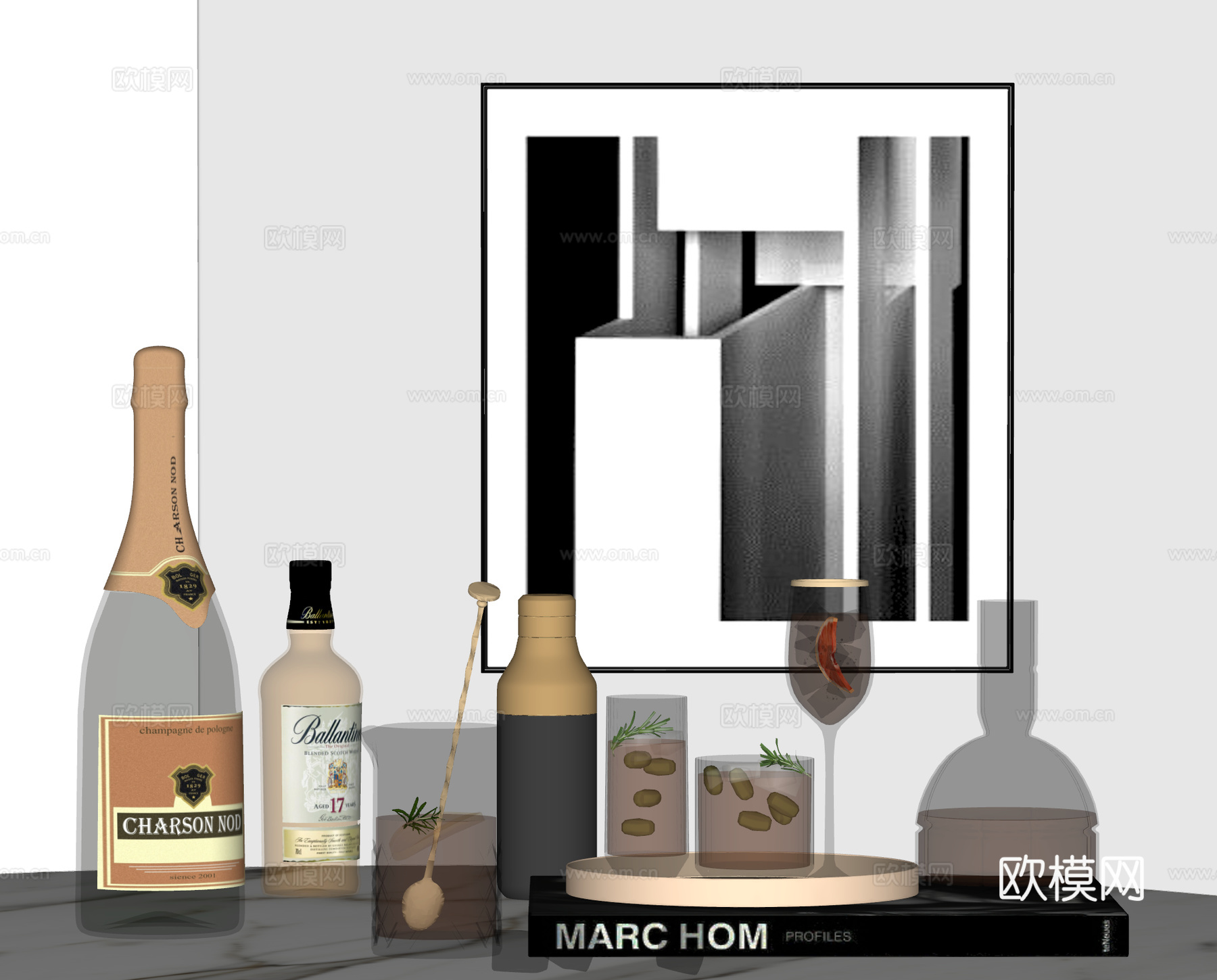 现代酒水酒具 酒瓶 酒杯 红酒 马天尼 洋酒 玻璃杯 高脚杯su模型