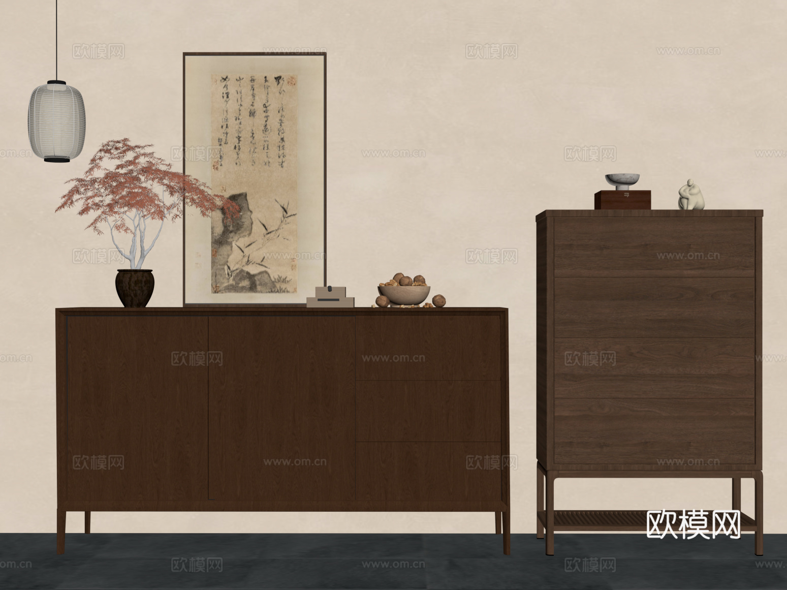 011边柜 新中式装饰柜 玄关柜 吊灯 装饰画su模型
