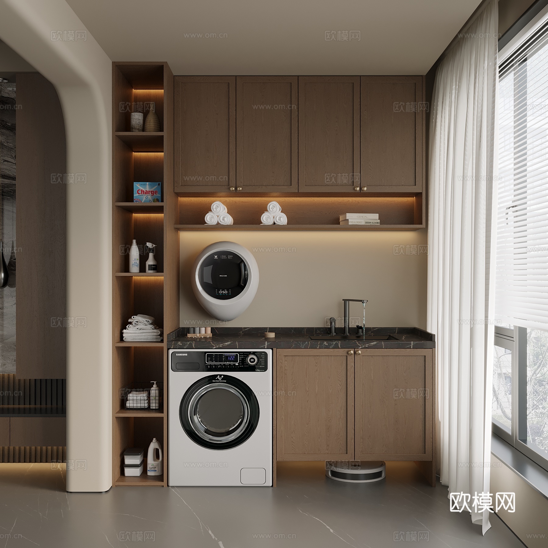 中古 新中式 洗衣机柜 阳台柜 置物柜 储物柜3d模型