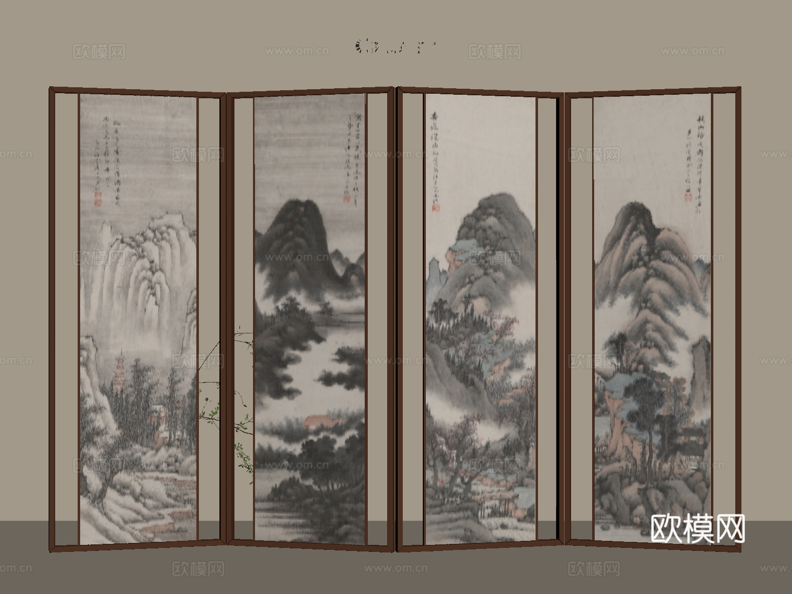 新中式 中古 屏风 木屏风 可折叠屏风su模型
