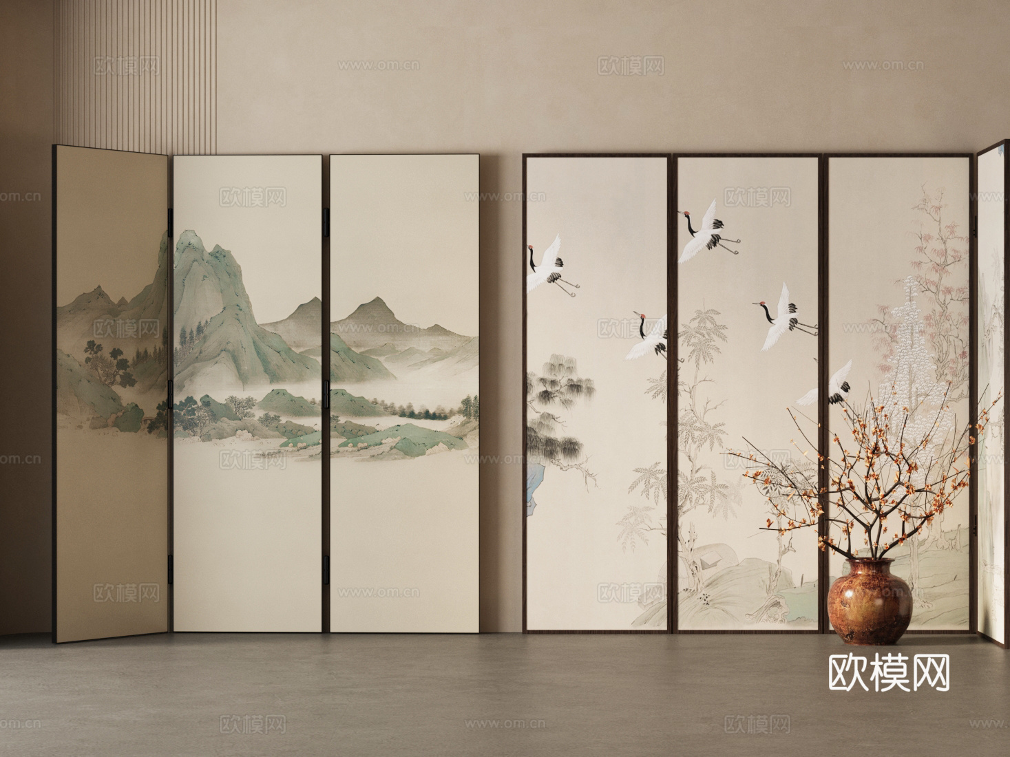 新中式屏风 折叠屏风 花艺摆件3d模型