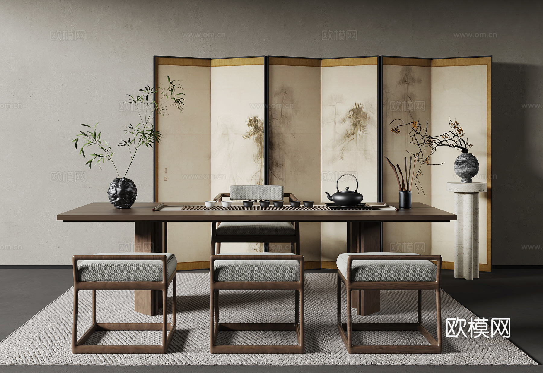 现代茶桌椅组合 屏风 茶具 植物 地毯3d模型