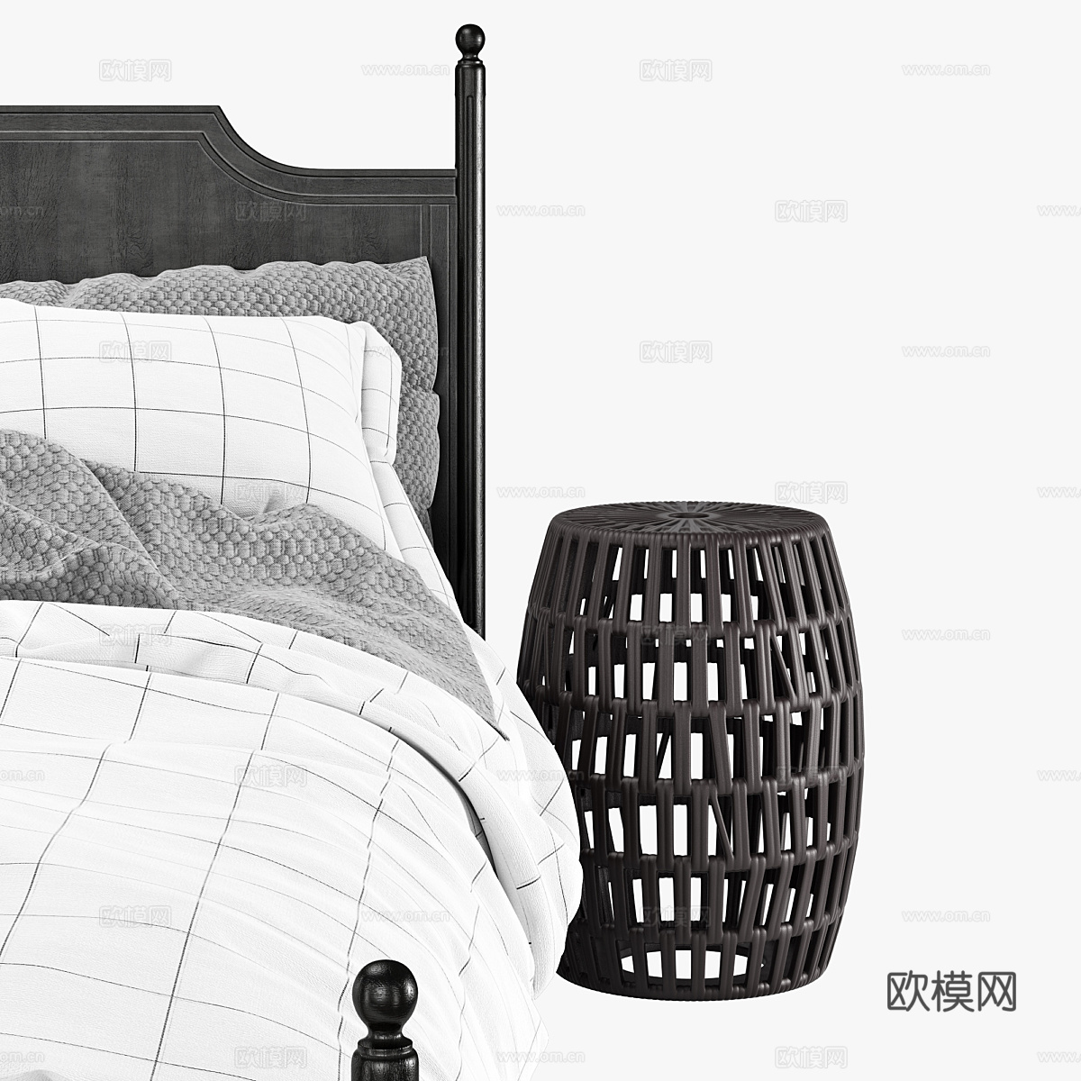 新中式木质双人床3d模型