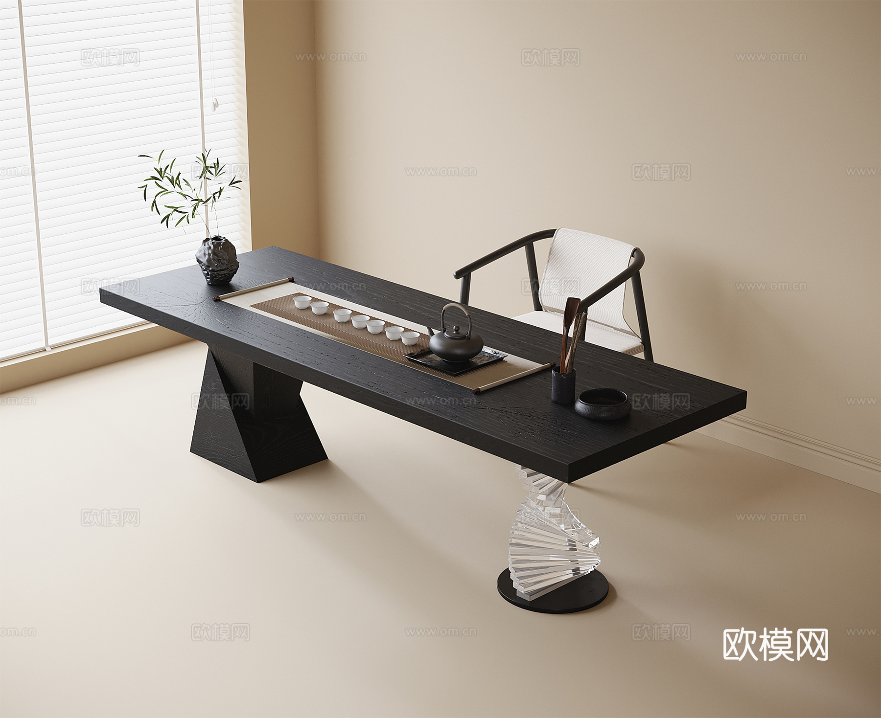 现代茶桌椅 茶桌 书桌椅 茶具su模型