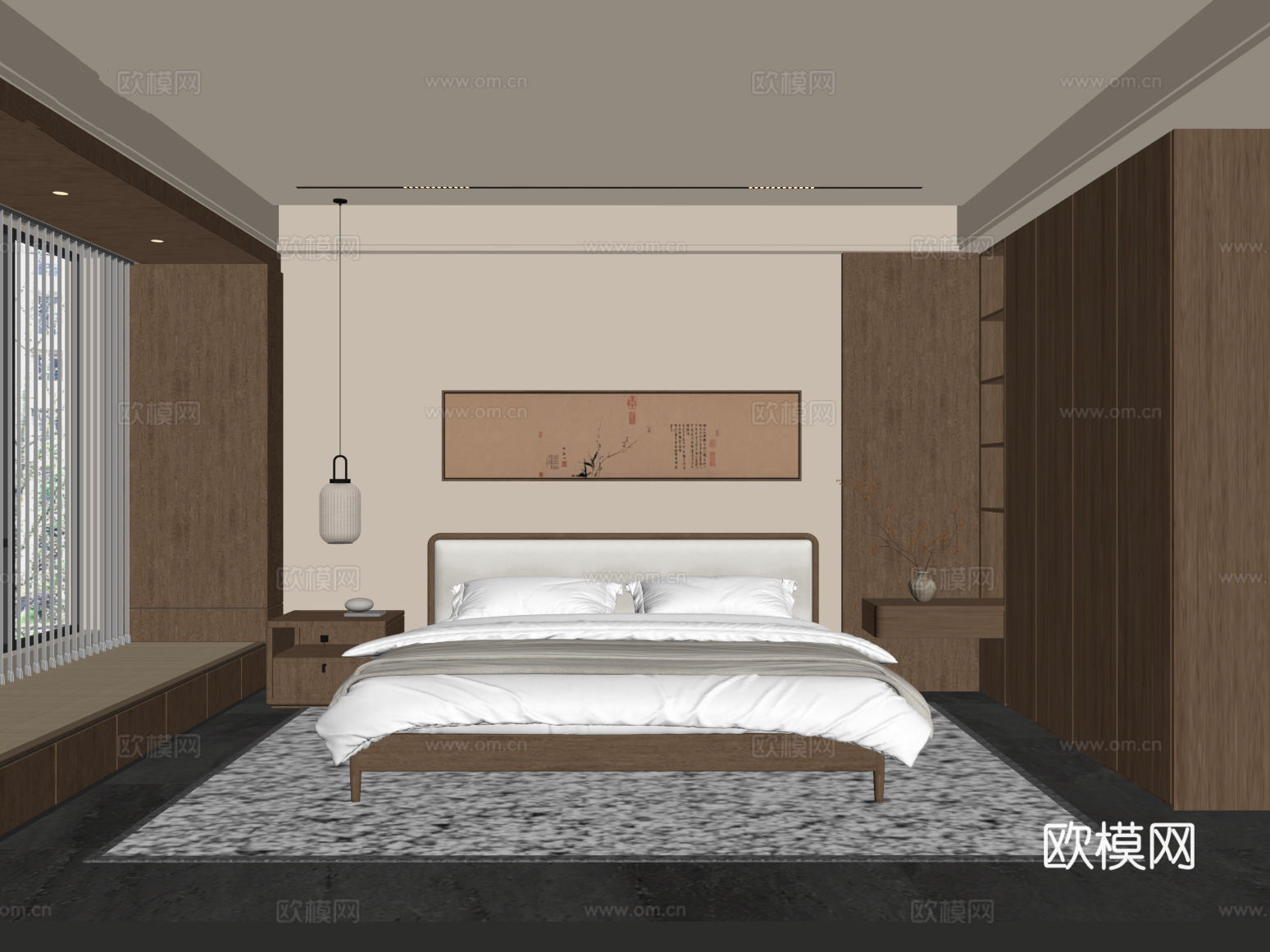 17新中式卧室 双人床 衣柜su模型