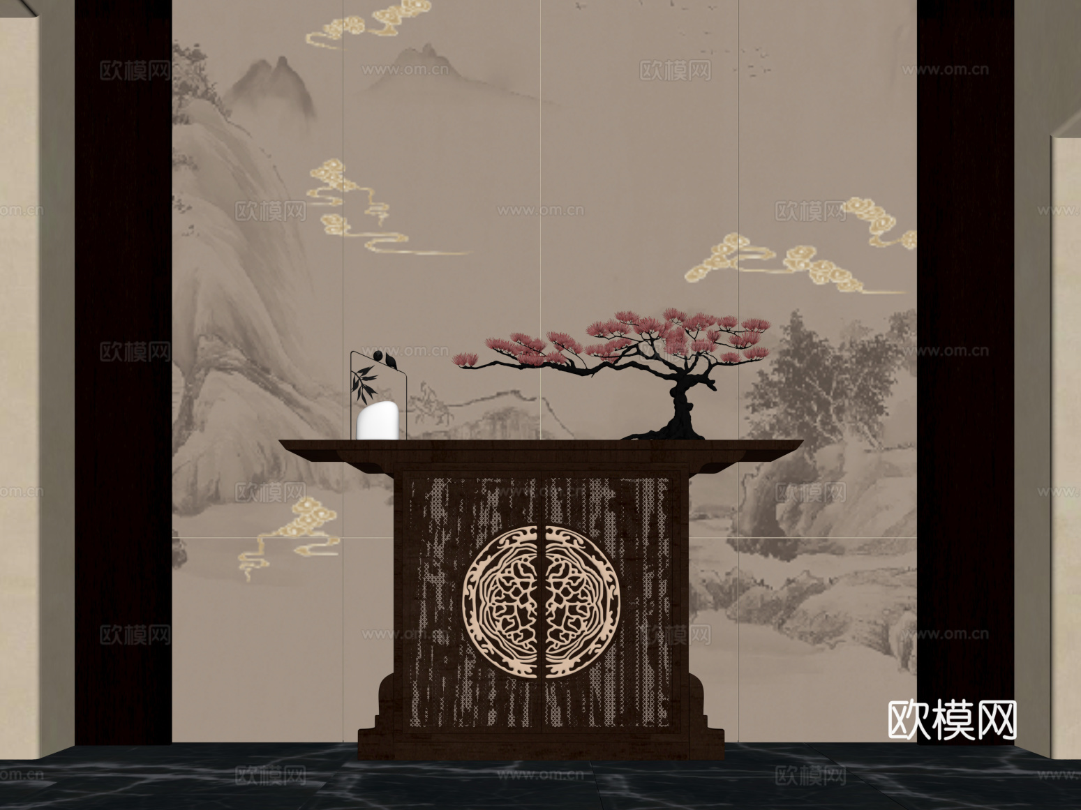 03玄关 新中式玄关 端景柜 玄关柜 盆栽盆景 摆件su模型