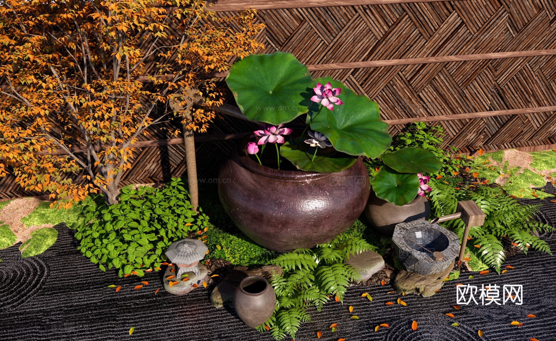 新中式庭院小品 禅意荷花水缸水景 日式水缸水钵小品 庭院流水su模型