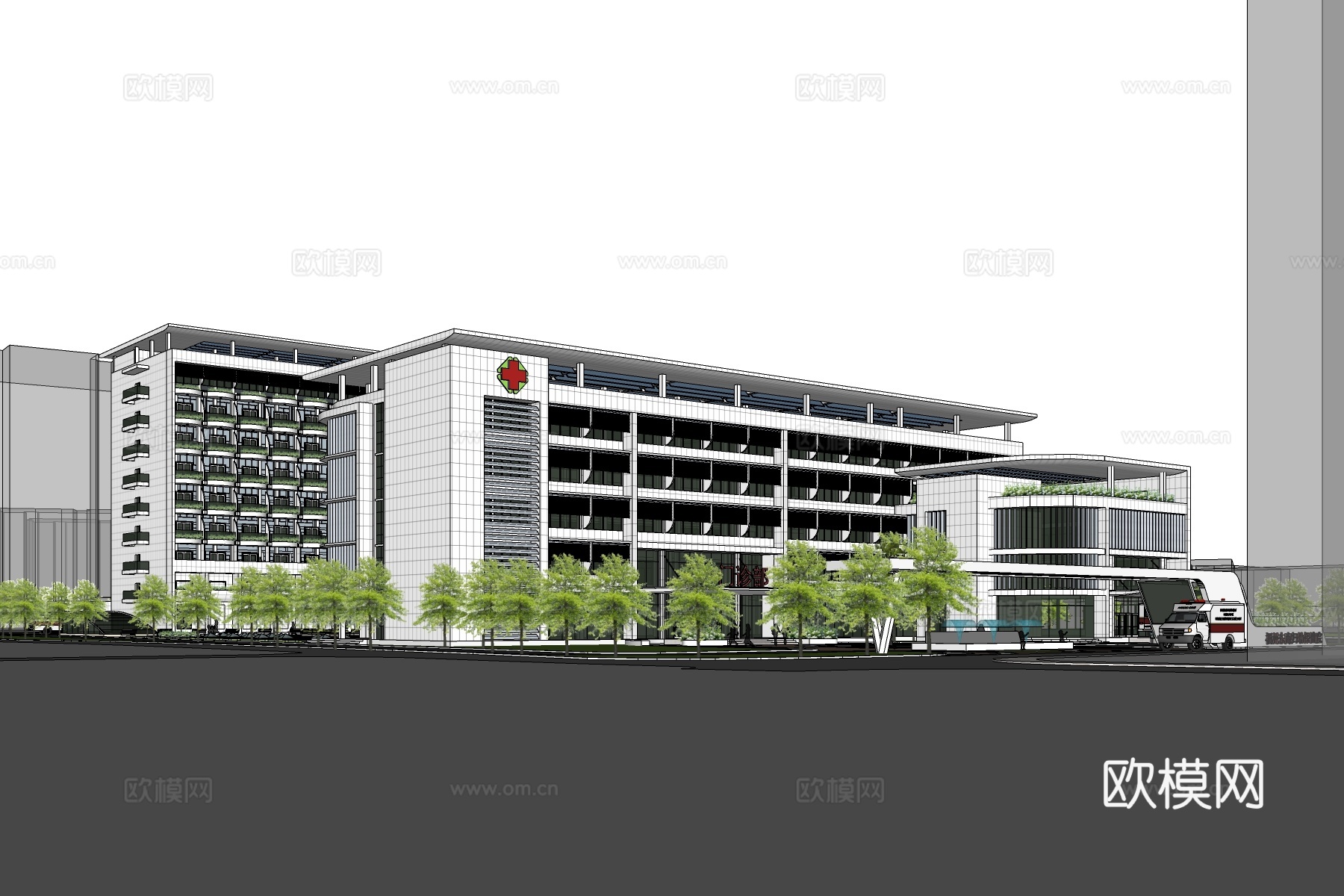现代医院大楼外观su模型下载