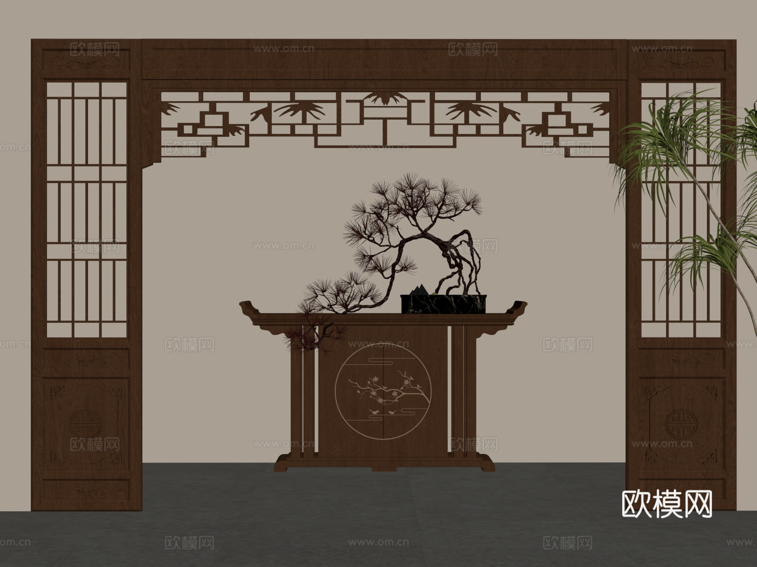 02端景台 新中式端景台 玄关柜 花格屏风 隔断su模型