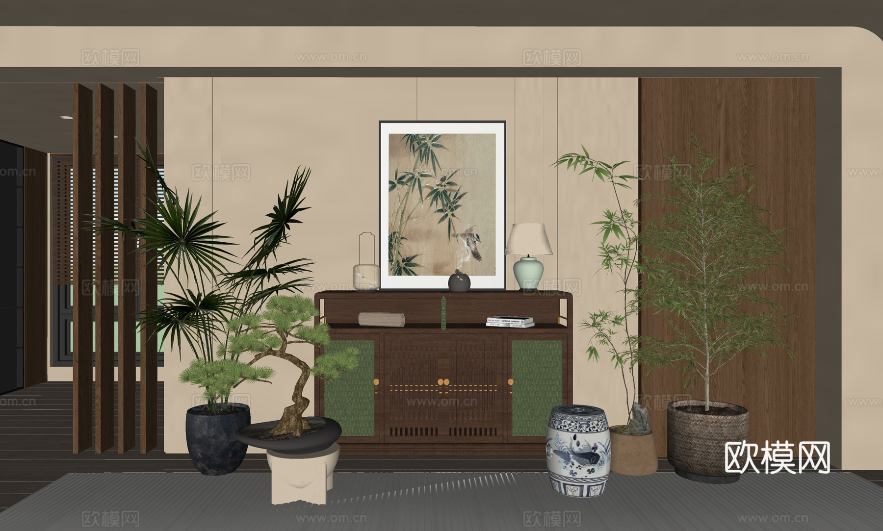 新中式斗柜 边柜 摆件组合 中式挂画 花艺绿植su模型
