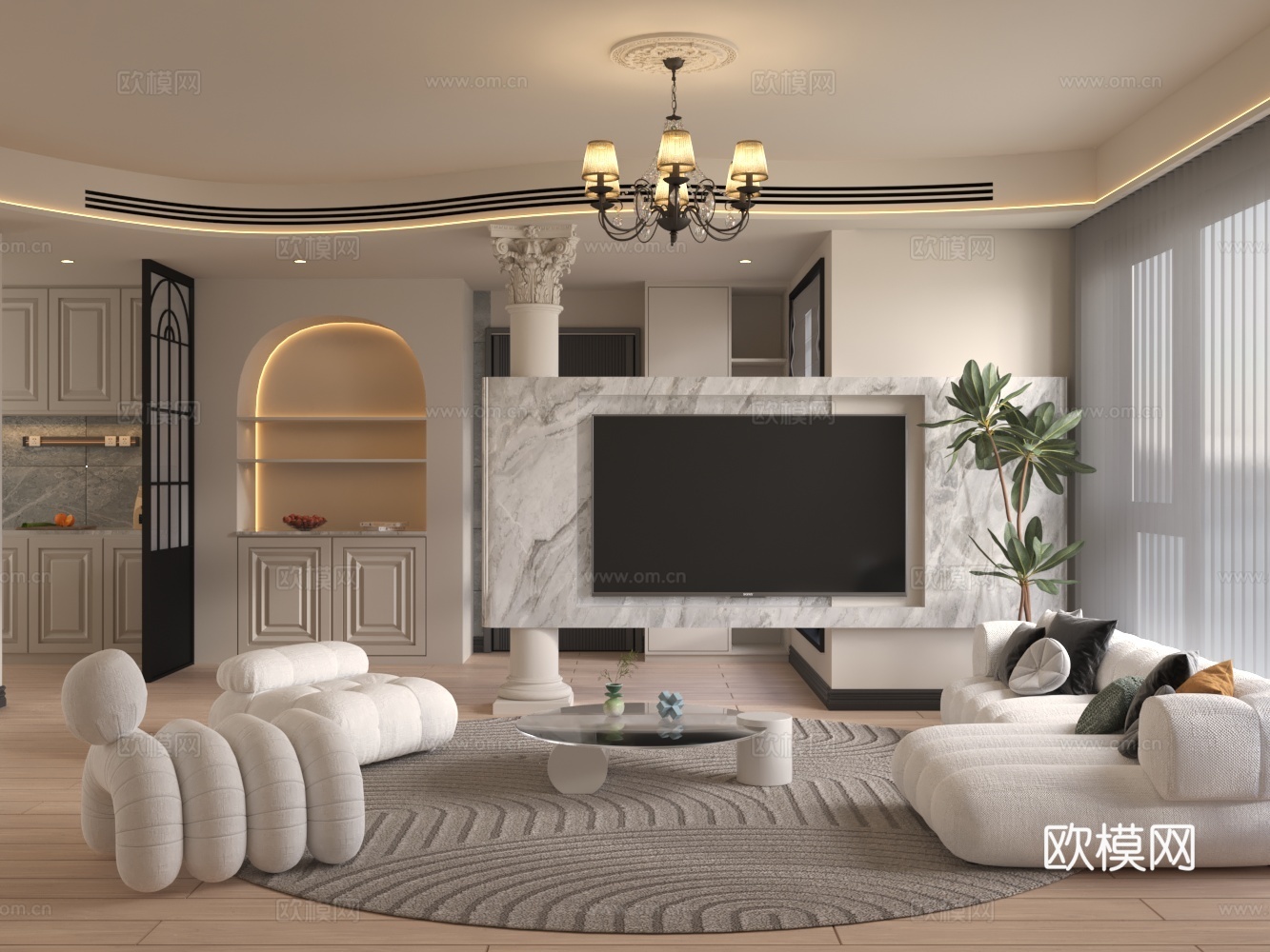 简欧客厅  罗马柱 玄关背景墙 沙发茶几组合 弧形吊顶3d模型