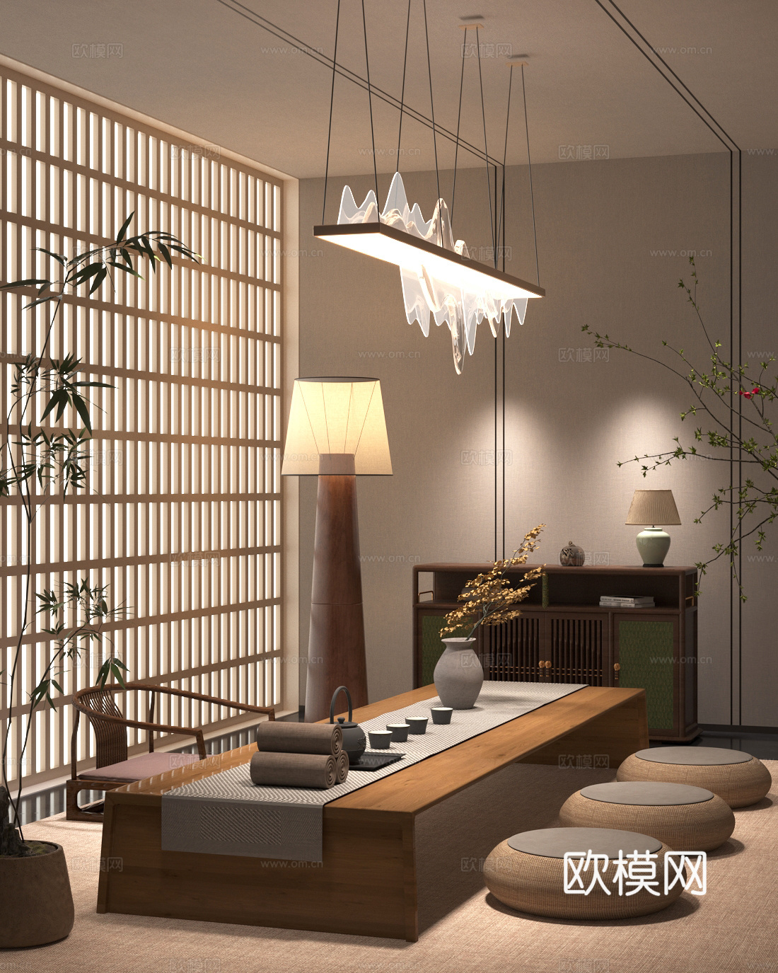 新中式茶室 榻榻米茶室 家居茶室 斗柜边柜 吊灯 落地灯3d模型