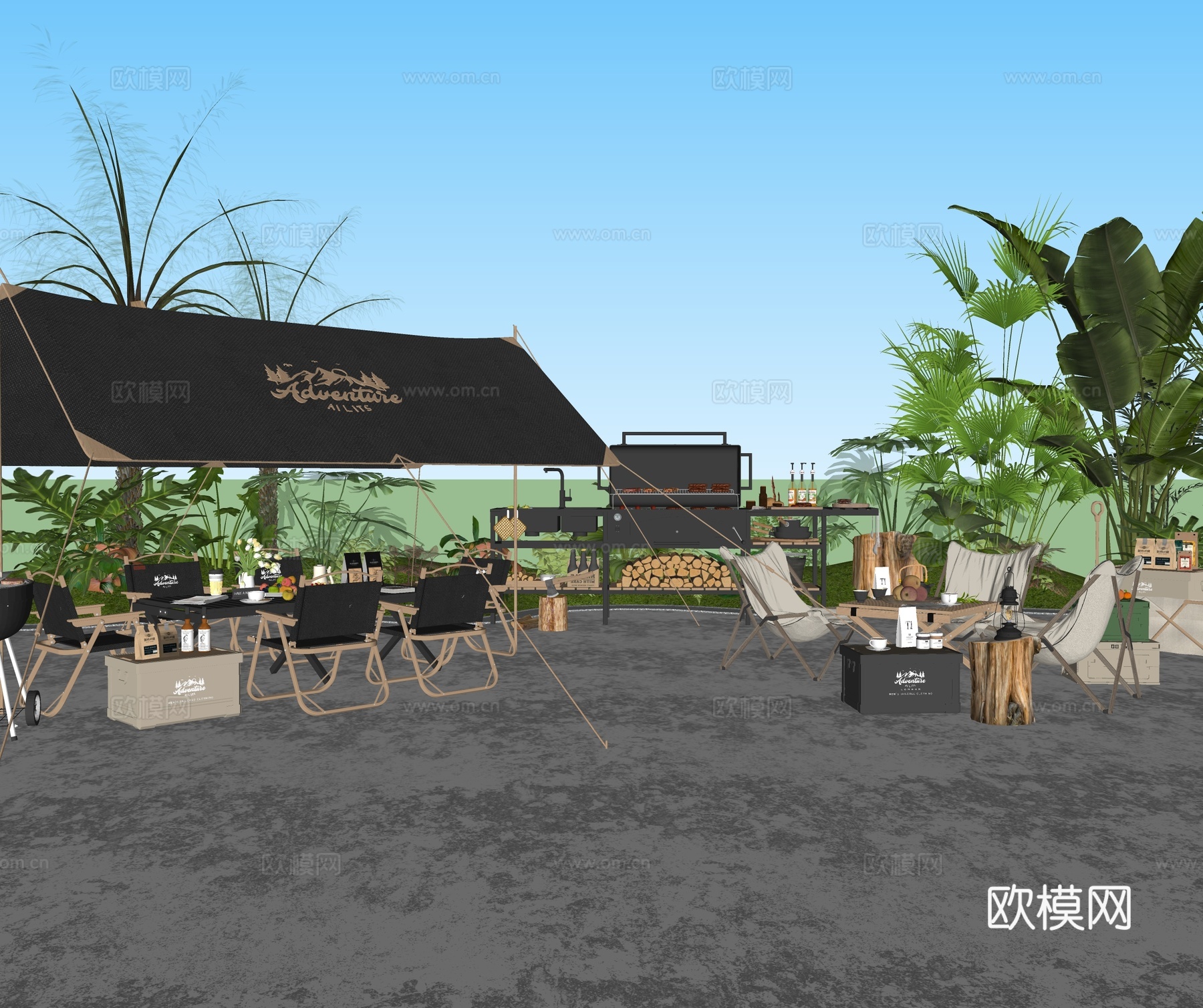 现代商业外摆 户外露营风营地 户外餐厅su模型
