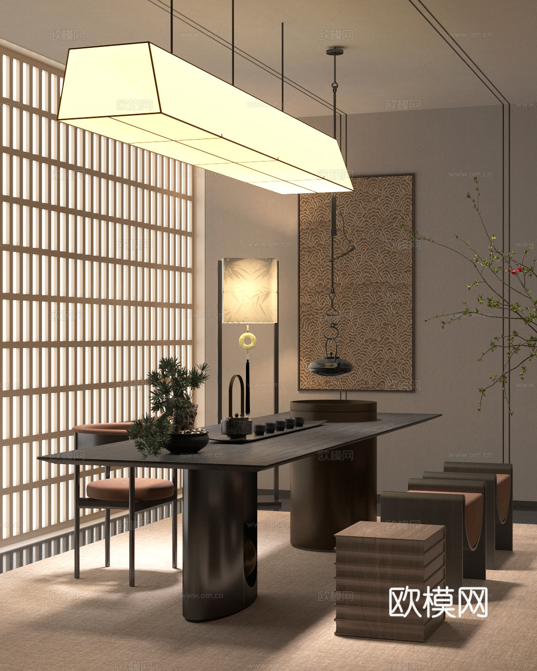新中式茶室 室内茶室 茶桌椅组合 吊灯 茶具组合 落地灯su模型