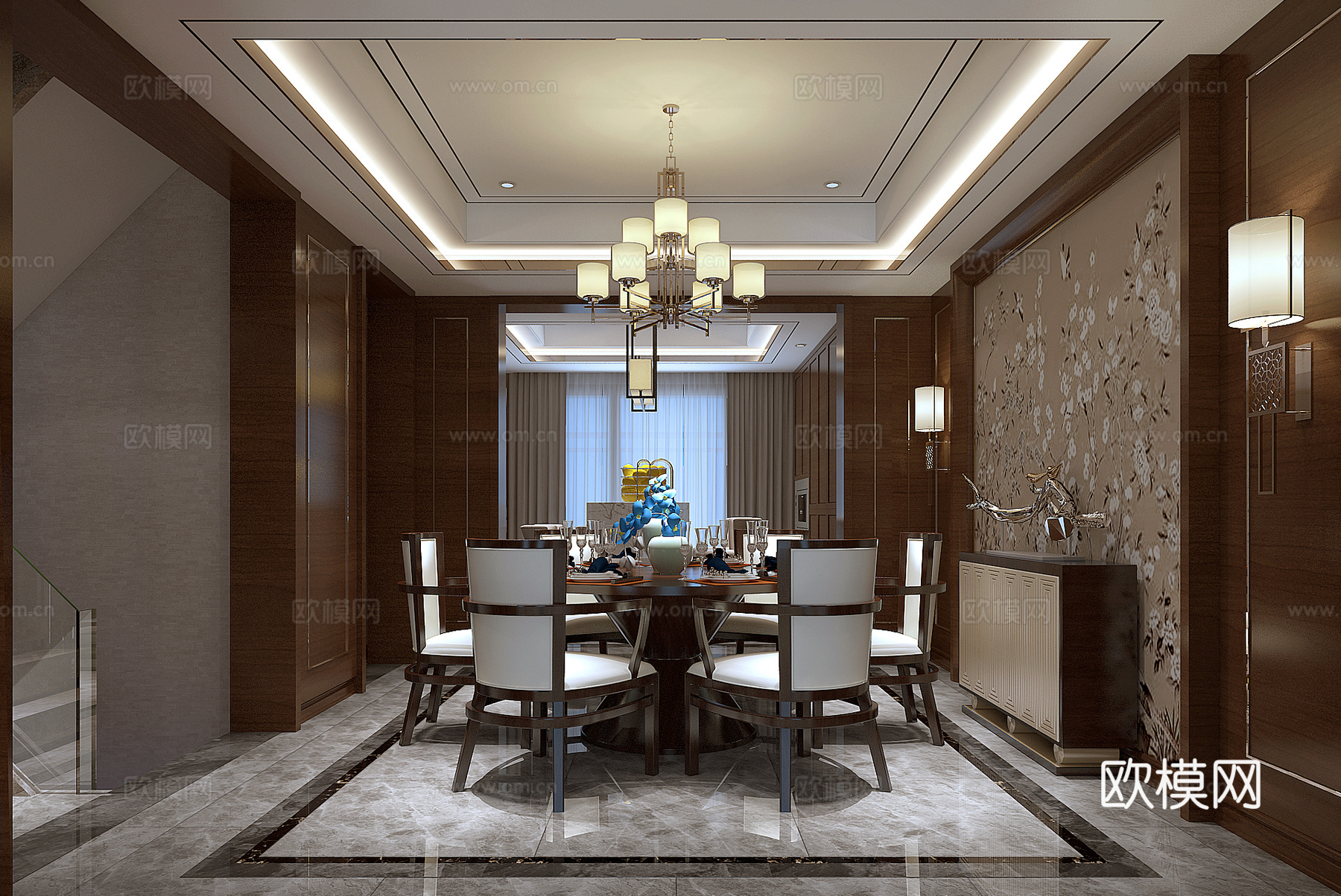 现代港式餐厅餐桌吊灯壁灯餐边柜3d模型