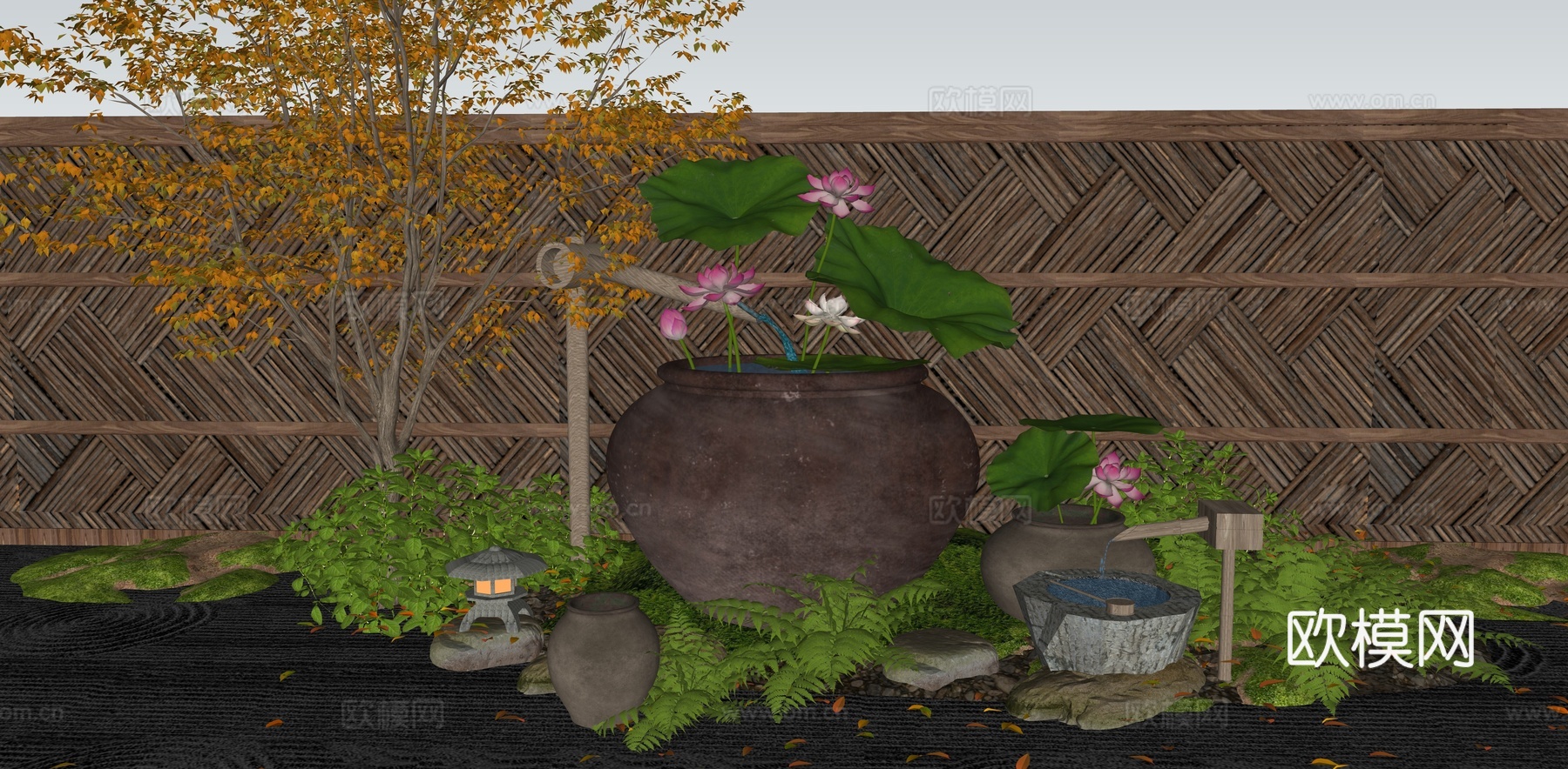 新中式庭院小品 禅意荷花水缸水景 日式水缸水钵小品 庭院流水su模型