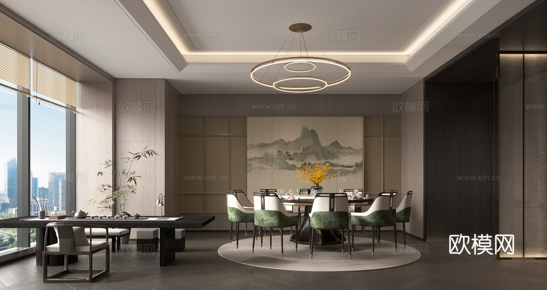 新中式包房 包间 餐桌椅组合 酒店包房 茶桌椅组合 吊灯3d模型