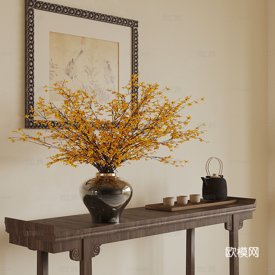 新中式花艺 花艺花瓶 插花花艺 中式插花 条案 端景台3d模型