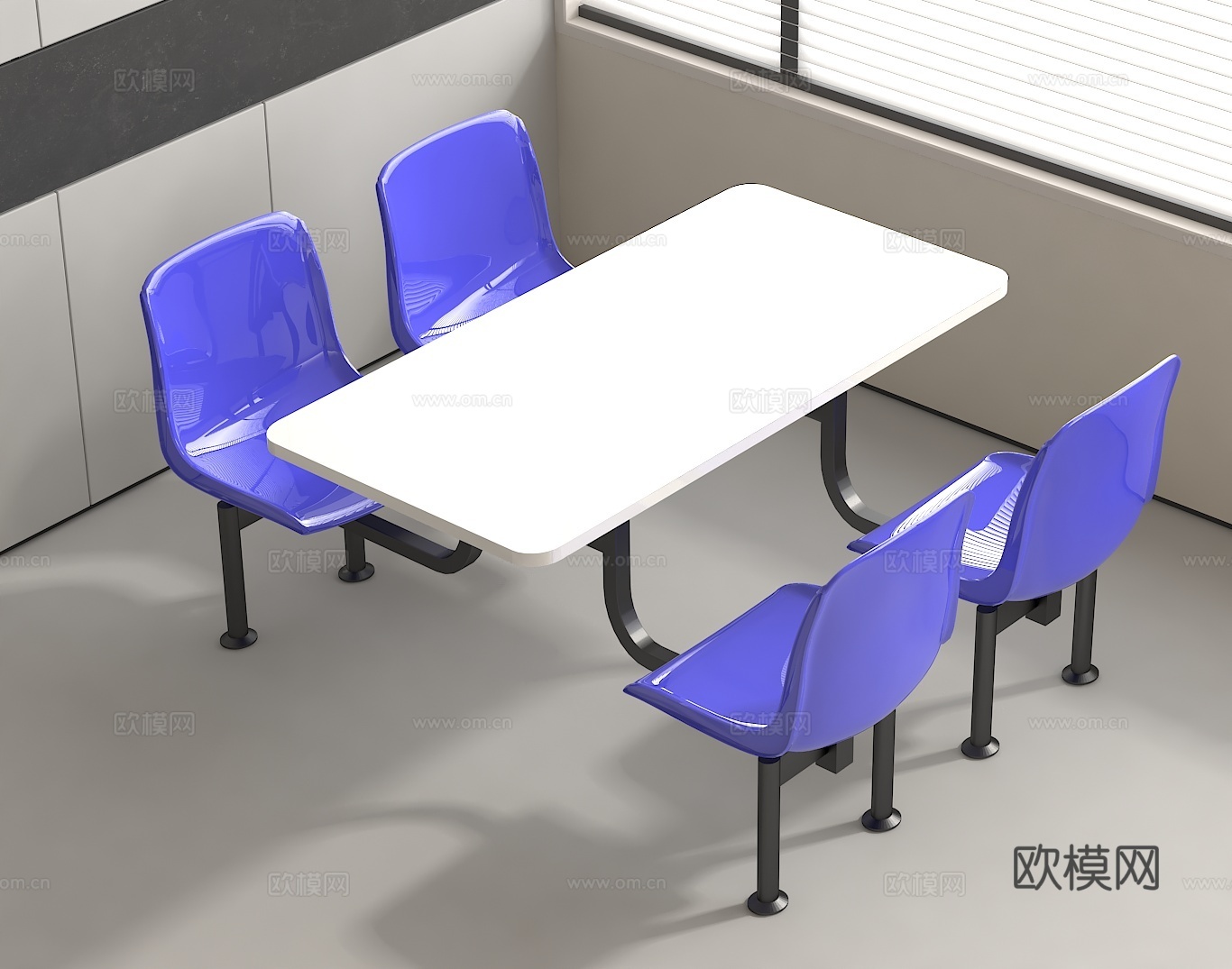 食堂餐桌 四人位 办公家具 蓝色座椅 连体桌椅 员工用餐区su模型