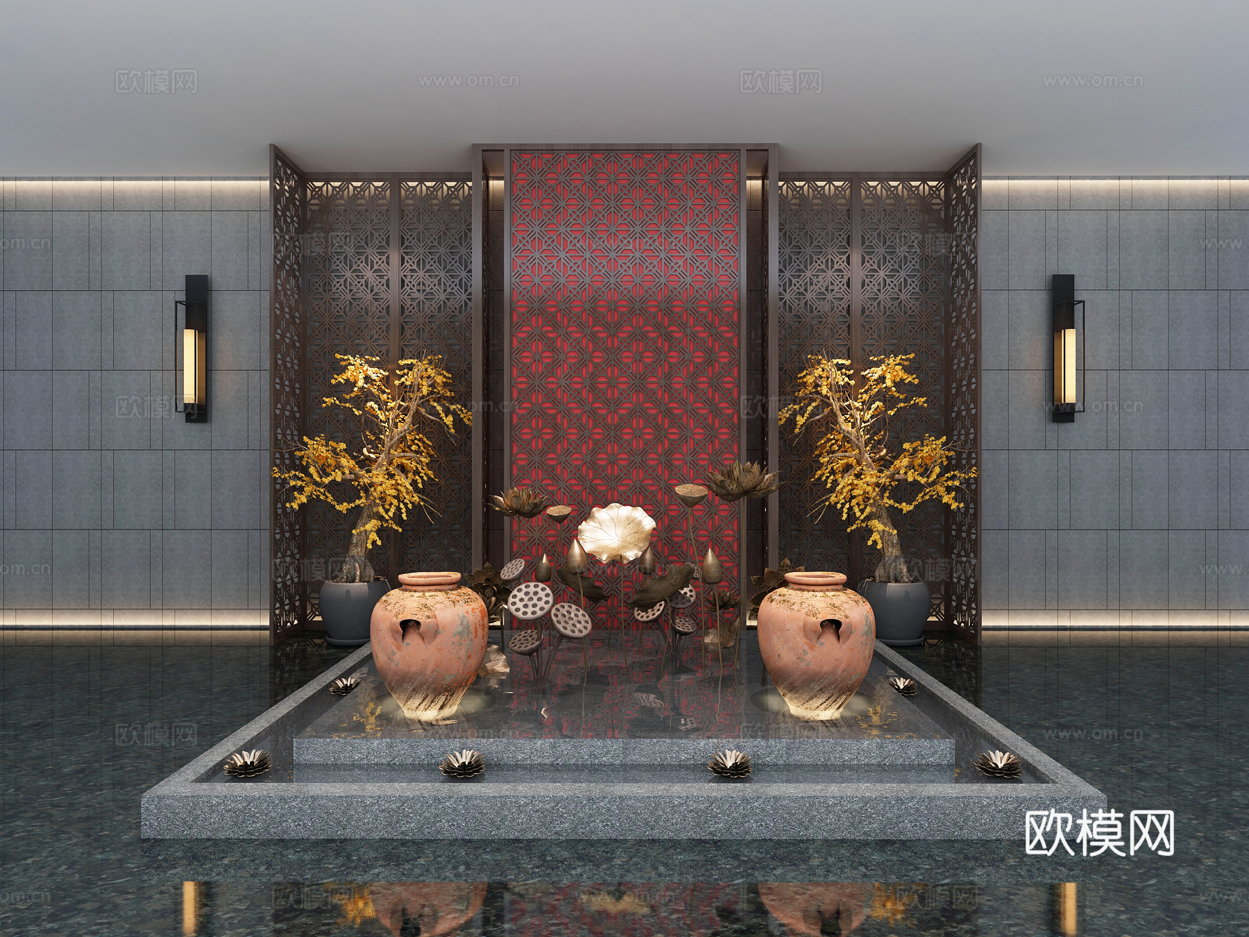 新中式景观小品 水景 水池 背景墙 坛子 中式壁灯 荷叶3d模型