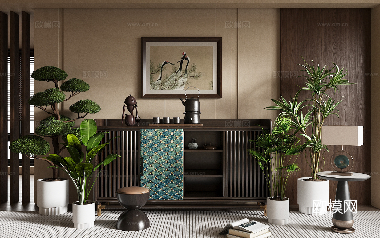 新中式斗柜 边柜 摆件组合 中式挂画 花艺绿植3d模型