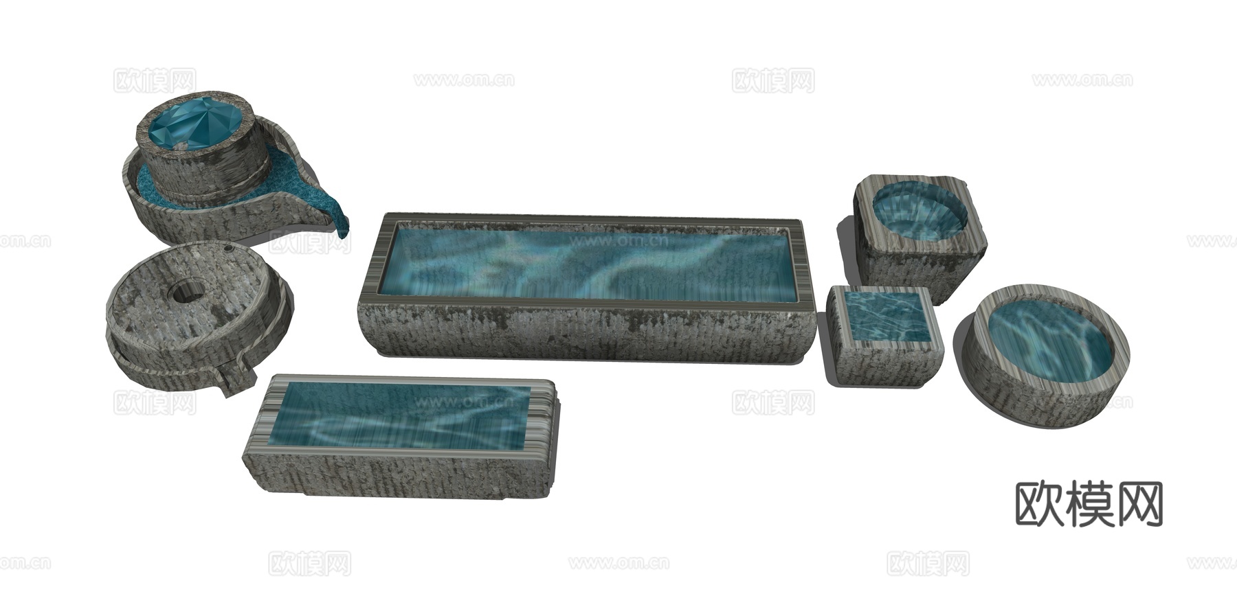 新中式庭院小品 庭院石槽小品 乡村石磨小品 石槽石臼水槽 石su模型