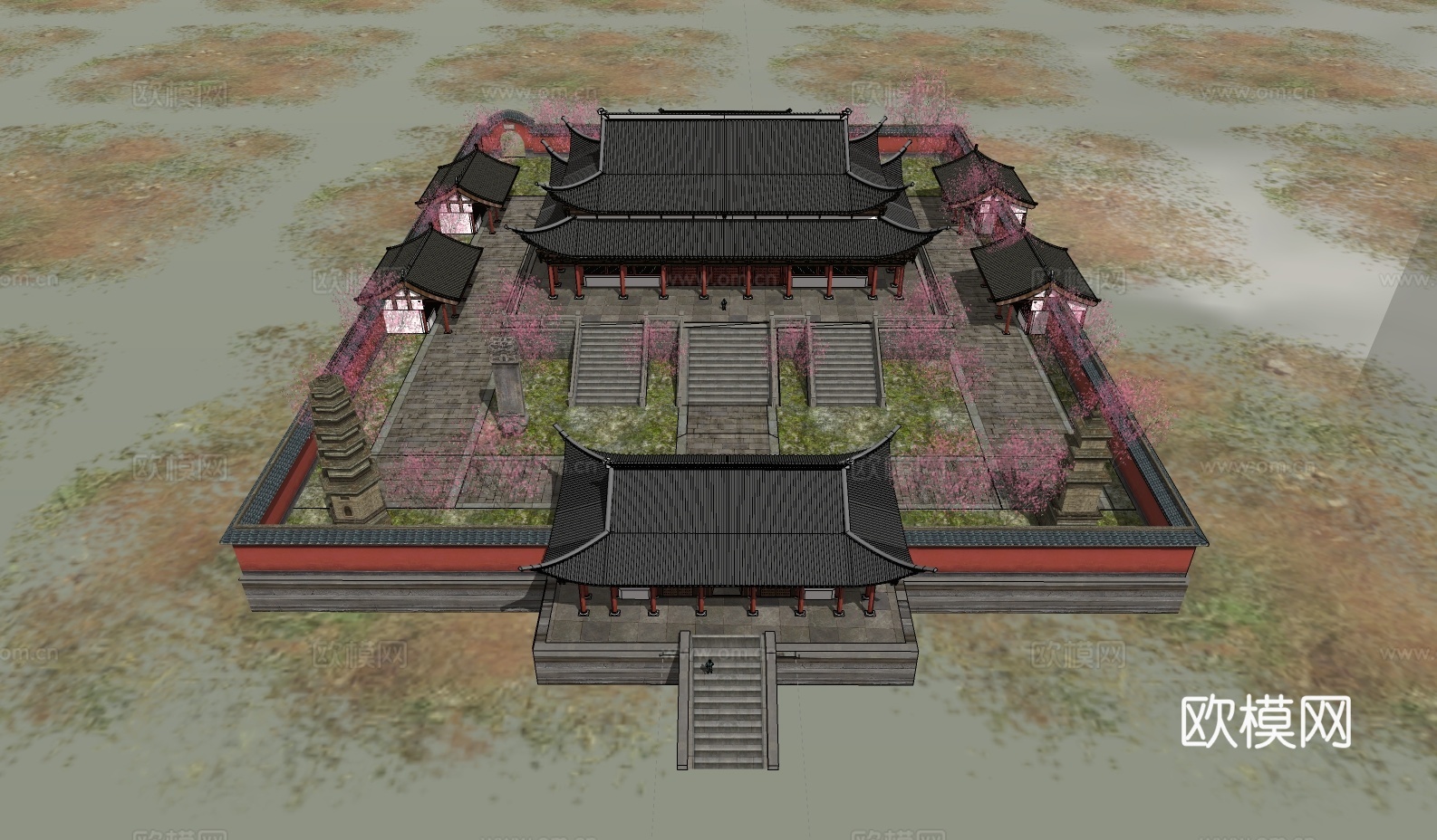中式寺院规划su模型下载