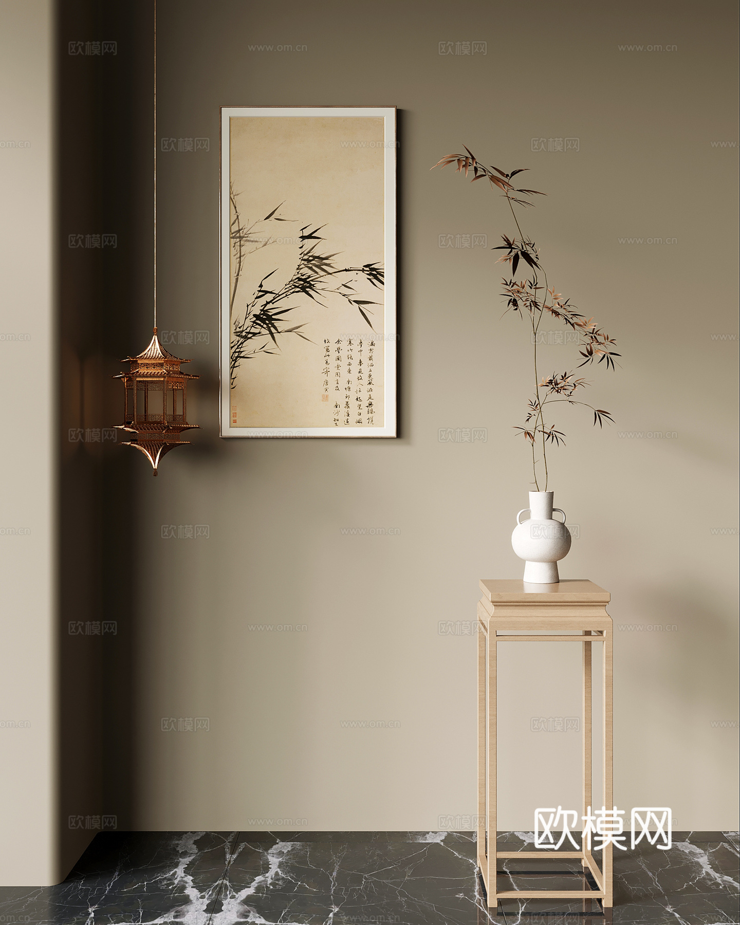 08装饰画 新中式装饰画 盆景绿植 吊灯 挂画3d模型