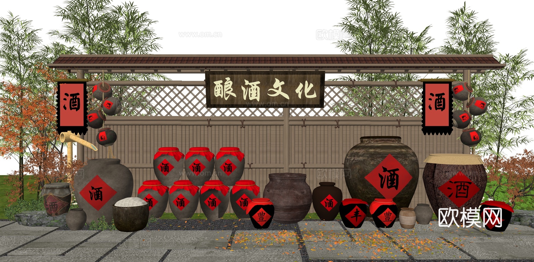 中式酒文化庭院 民俗酒坊庭院小品 乡村酒坛元素景墙 酒文化su模型