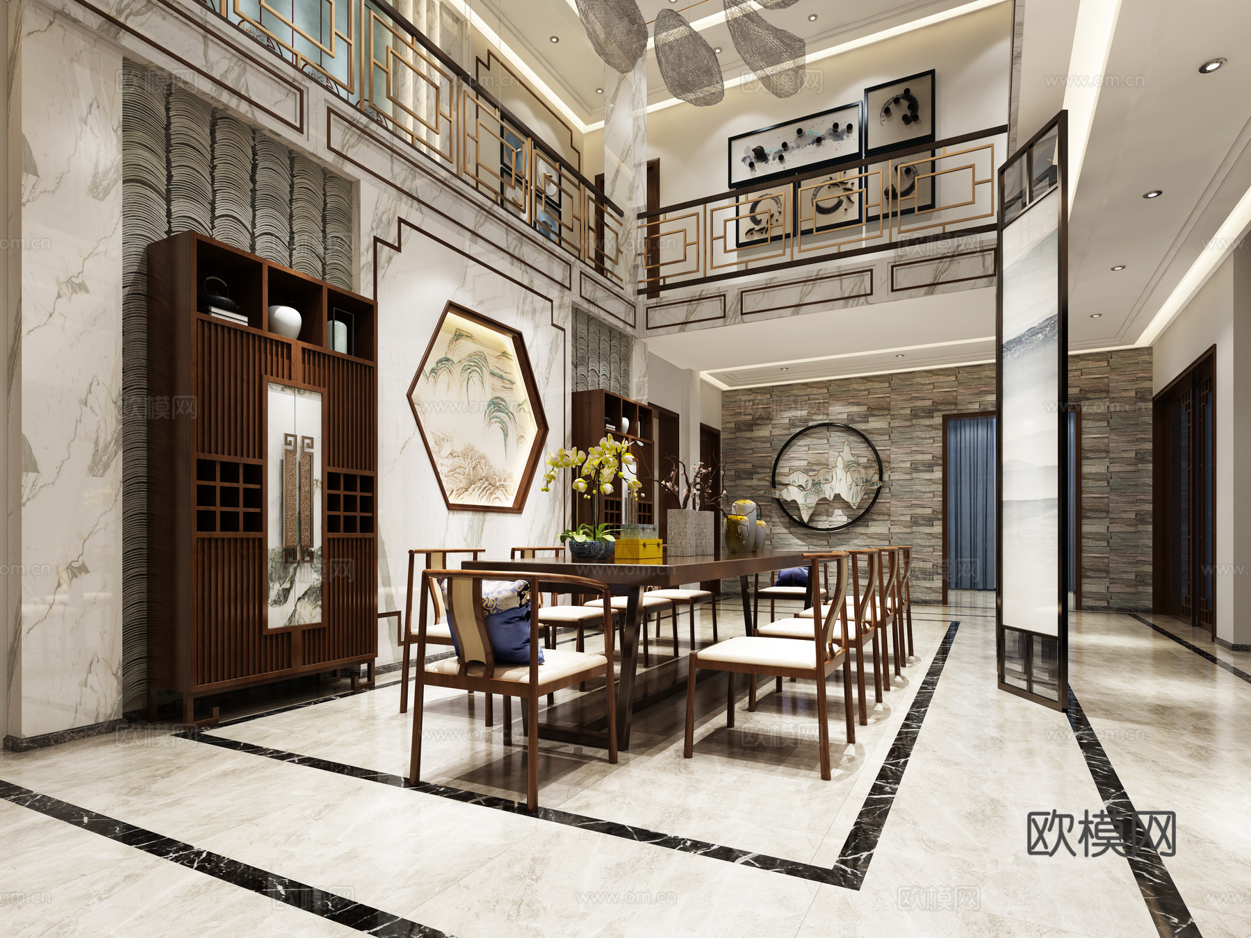 新中式餐厅组合 餐桌 餐椅 桌椅 吊灯 挂画3d模型