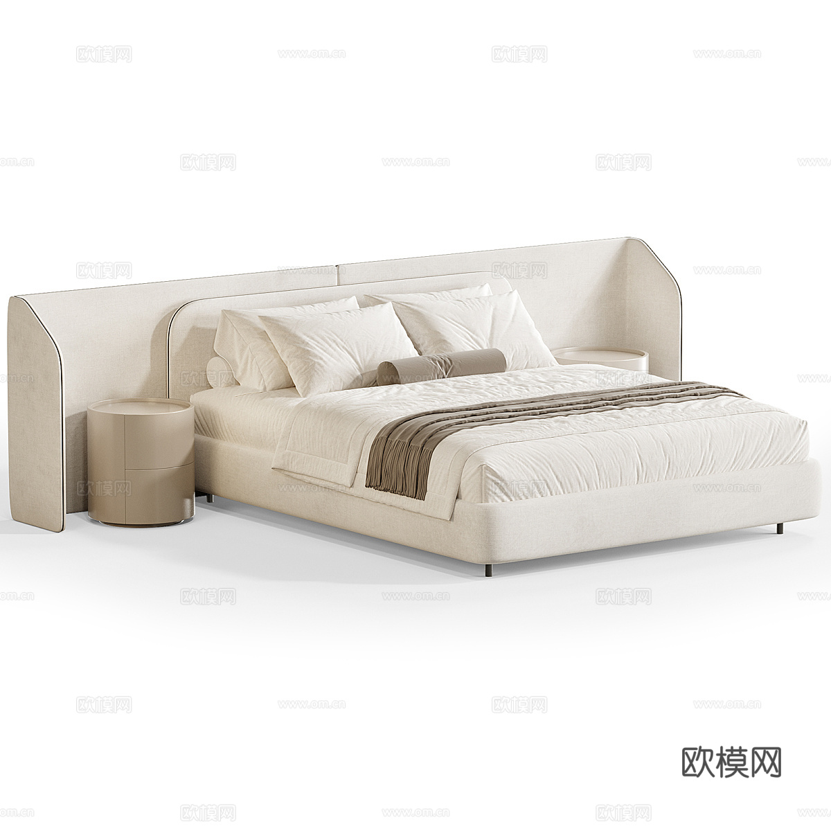 现代意式奶油风布艺双人床3d模型