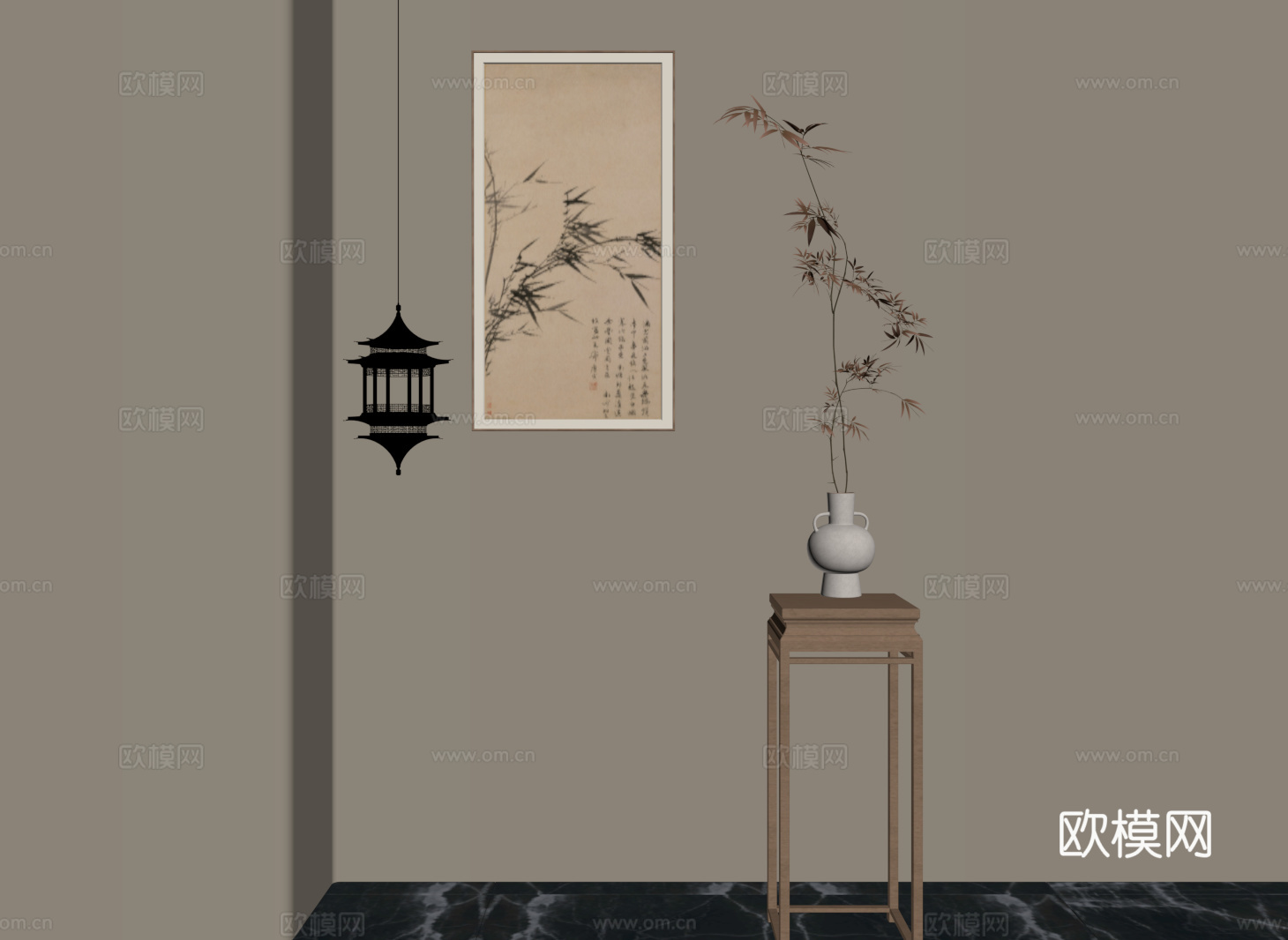08装饰画 新中式装饰画 盆景绿植 吊灯 挂画su模型