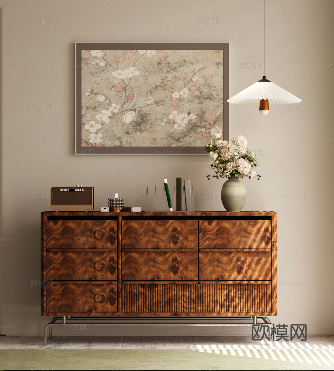 中古风斗柜 边柜 吊灯 花艺摆件 中古挂画 摆件组合su模型
