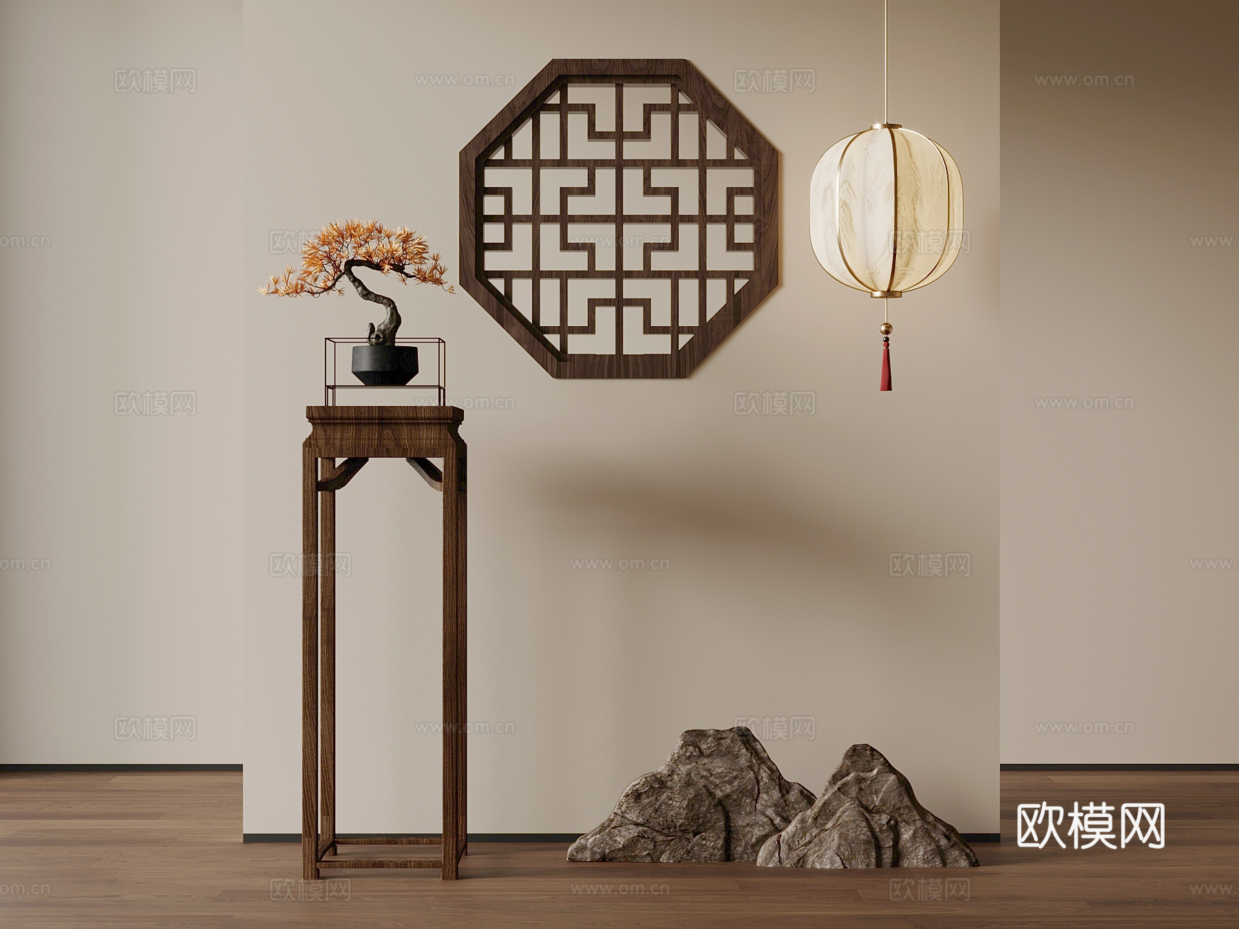 30新中式边几 花瓶 木窗3d模型