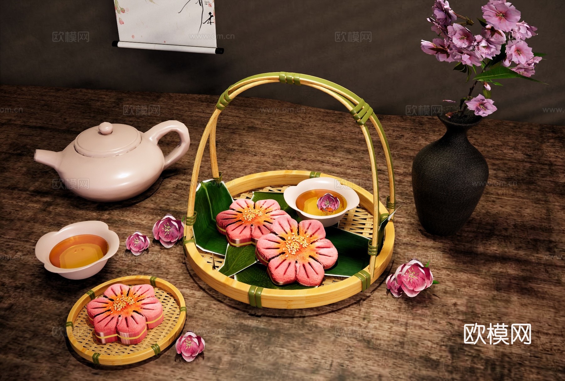 食物饮料 中式月饼点心糕点 桃花酥桃花糕 茶壶茶杯 竹编簸箕su模型