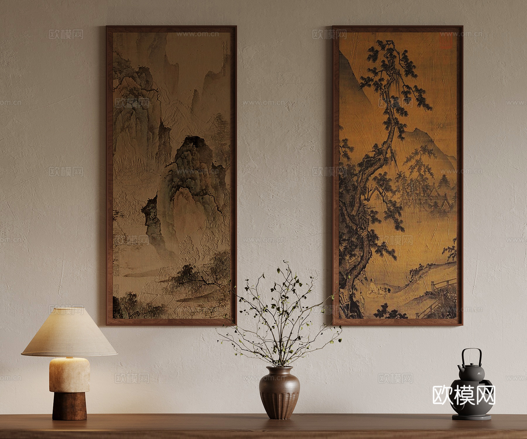 33新中式挂画 花瓶 台灯3d模型