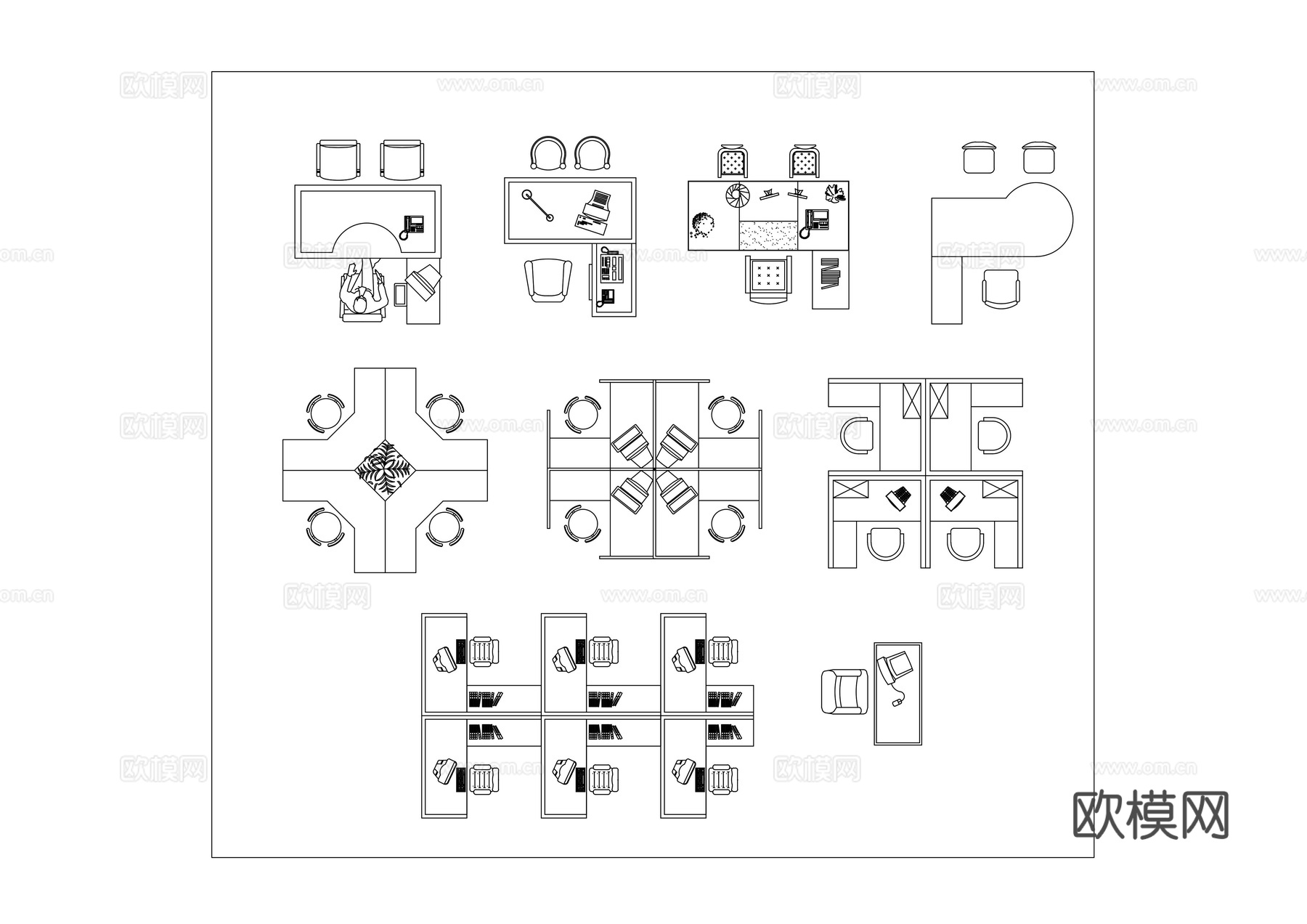 办公设备 办公用品 办公桌椅组合 办公室家具 办公空间配置cad施工图