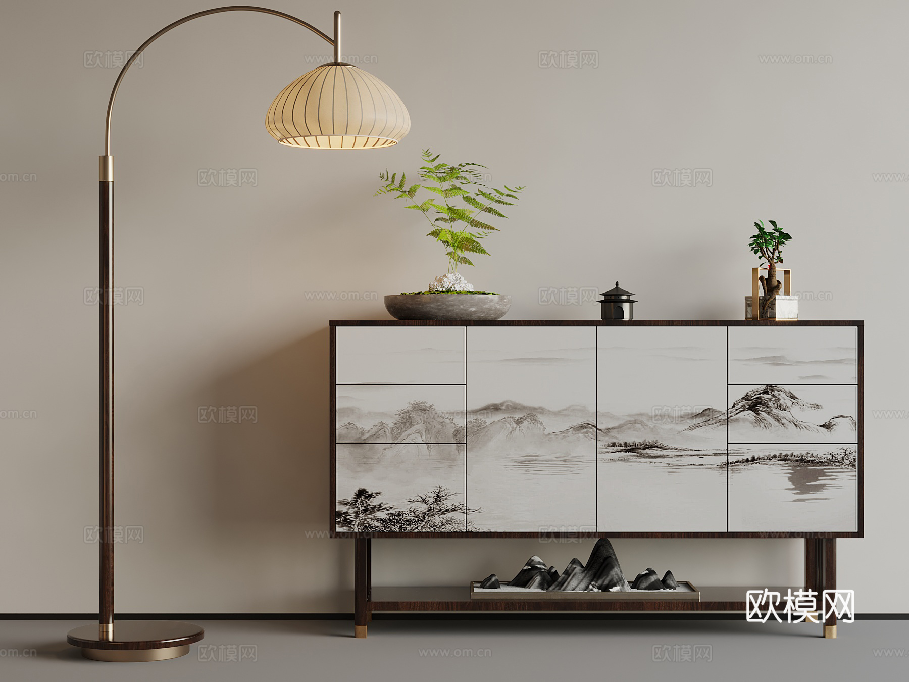 22新中式玄关柜 边柜 落地灯3d模型