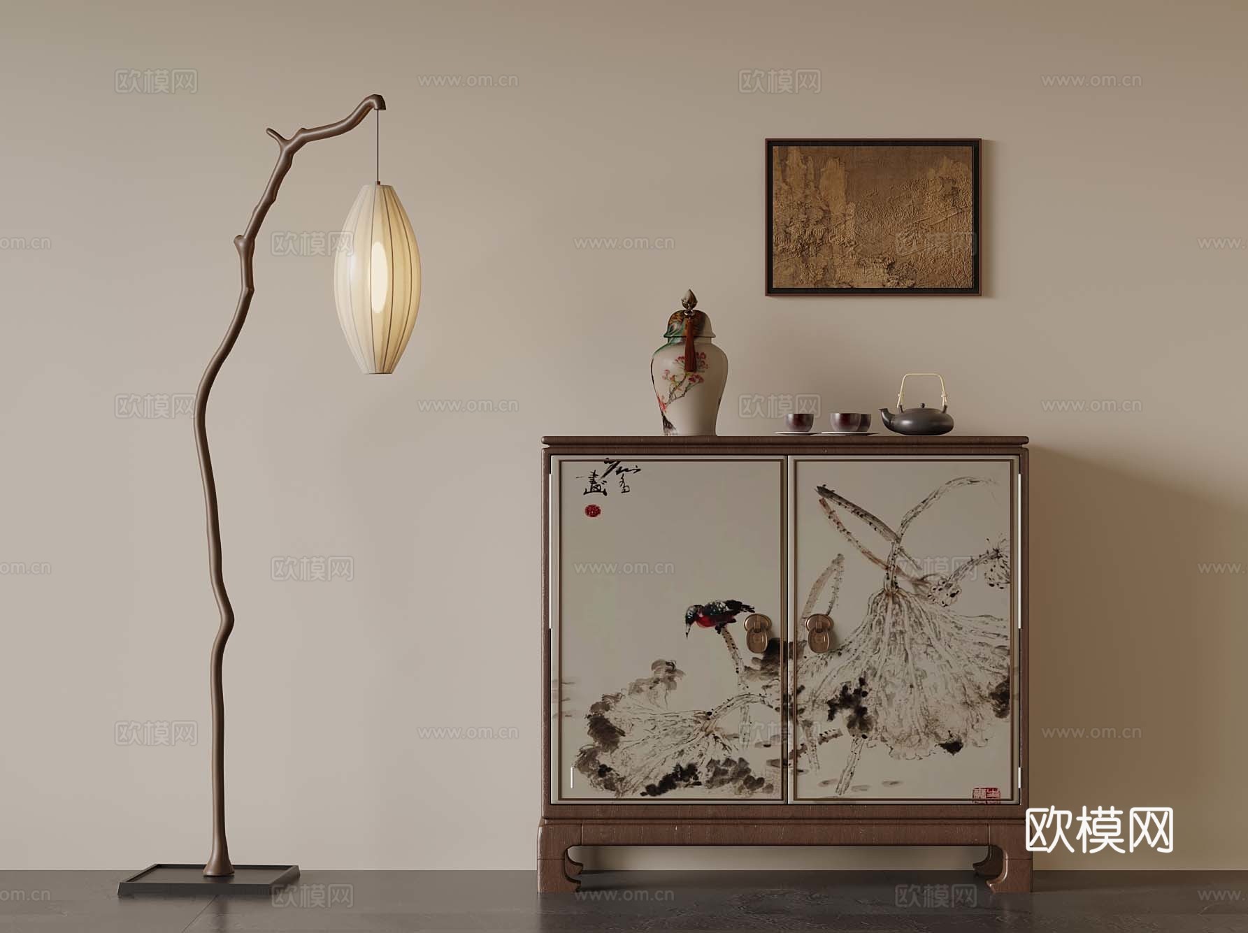 21新中式玄关柜 边柜 落地灯3d模型