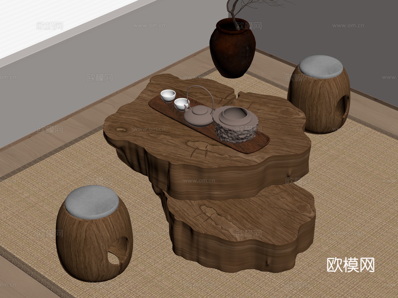 16茶台 侘寂风茶桌椅 茶台 茶具su模型