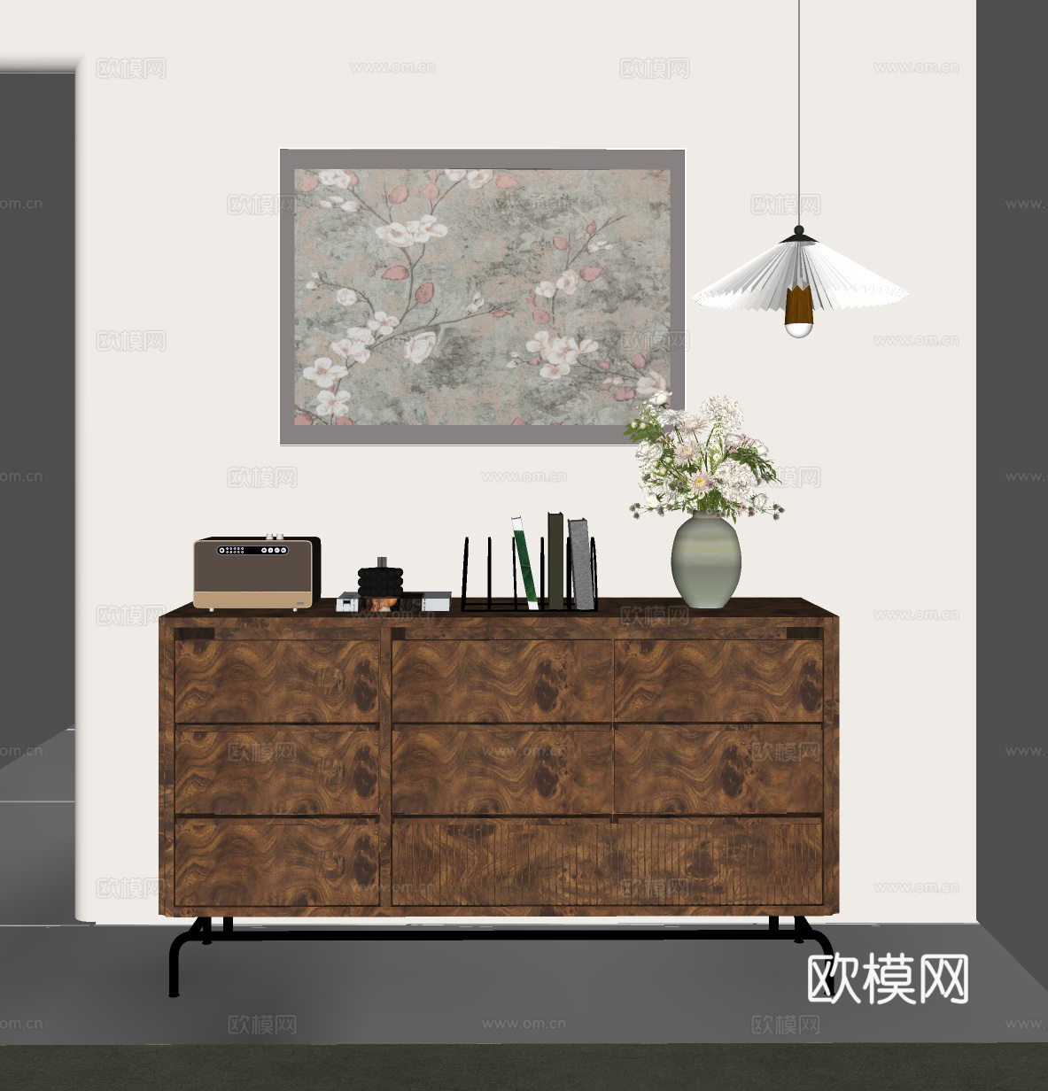 中古风斗柜 边柜 吊灯 花艺摆件 中古挂画 摆件组合su模型