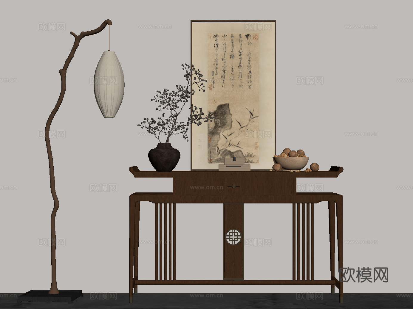 26新中式玄关柜 条案 端景su模型
