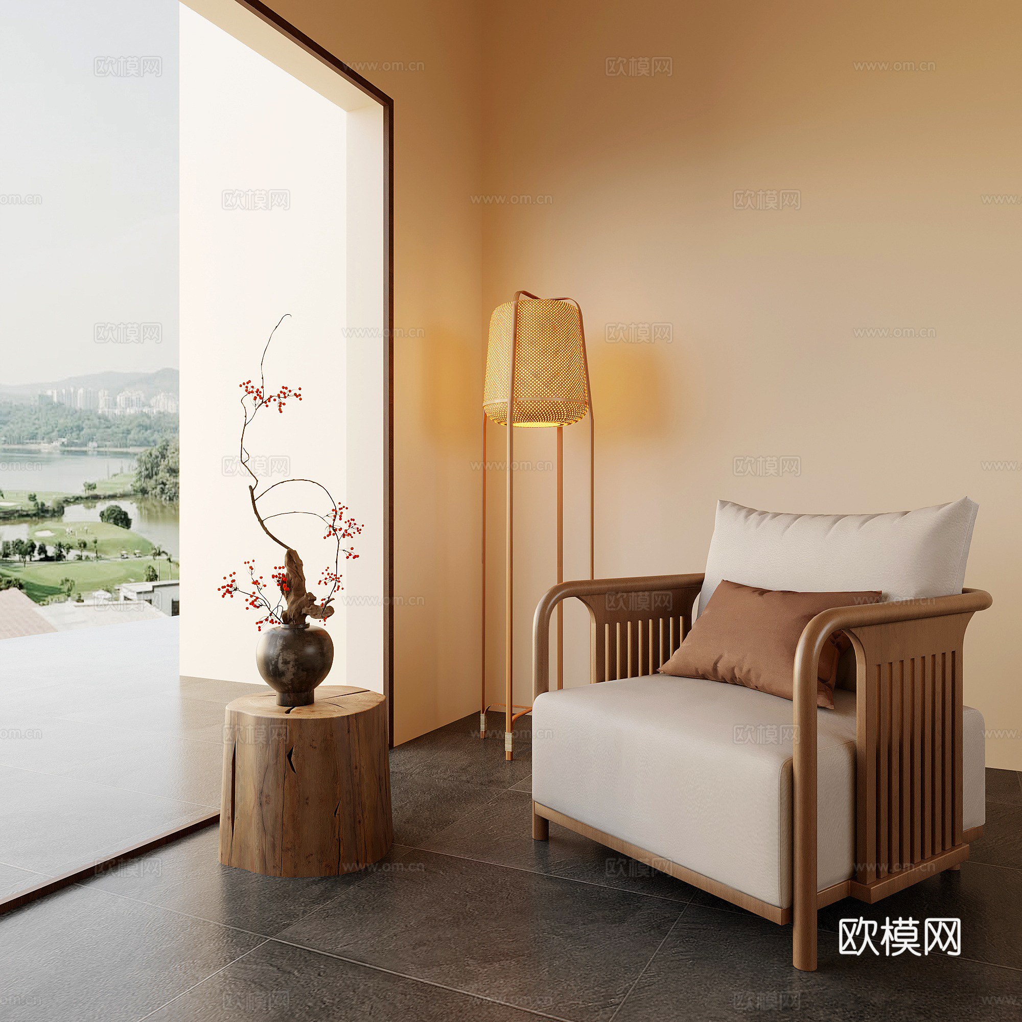 06休闲沙发 新中式休闲沙发 单人沙发 边几 落地灯3d模型